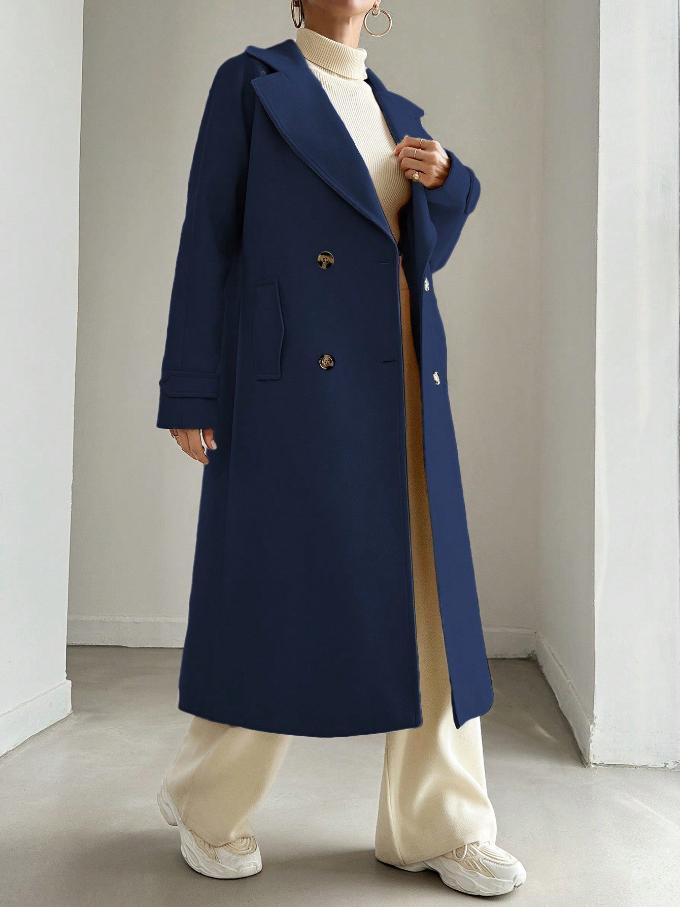 SHEIN Manteau En Laine Double Boutonnage Pour Femmes Couleur Unie Avec Col De Costume