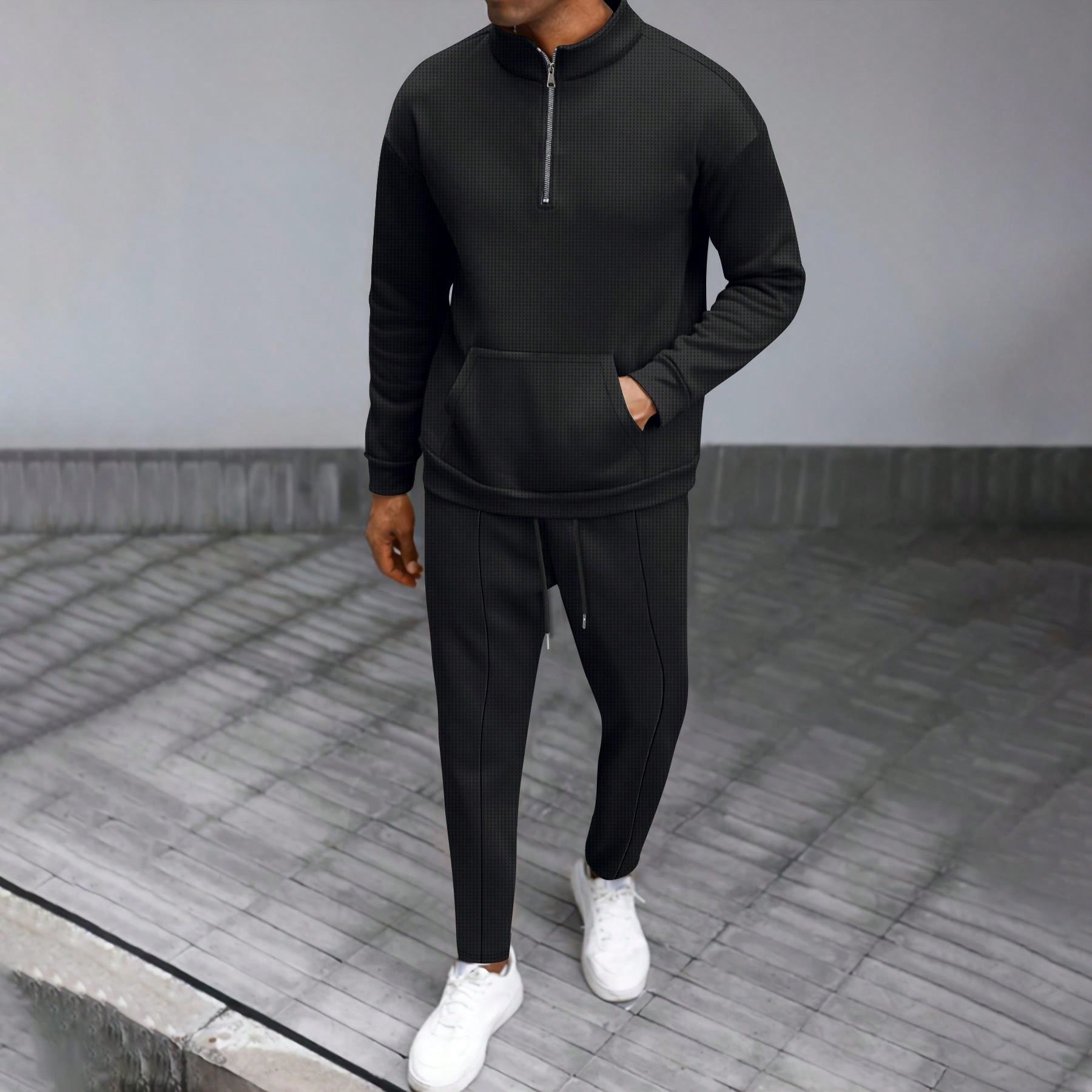 1 set Homme simple de survêtement 2 pièces, Top à col montant zippé manches longues + pantalon, de couleur unie, léger
