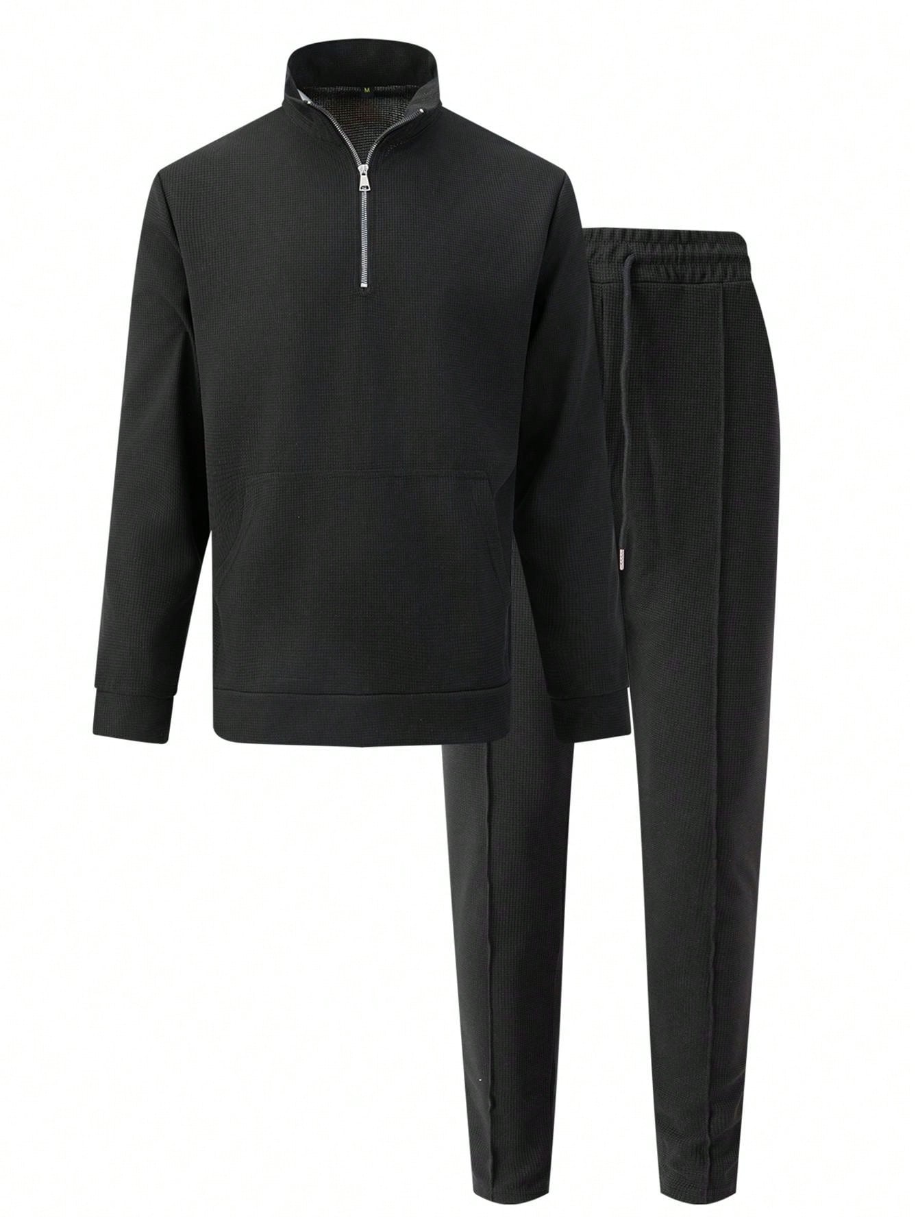 1 set Homme simple de survêtement 2 pièces, Top à col montant zippé manches longues + pantalon, de couleur unie, léger