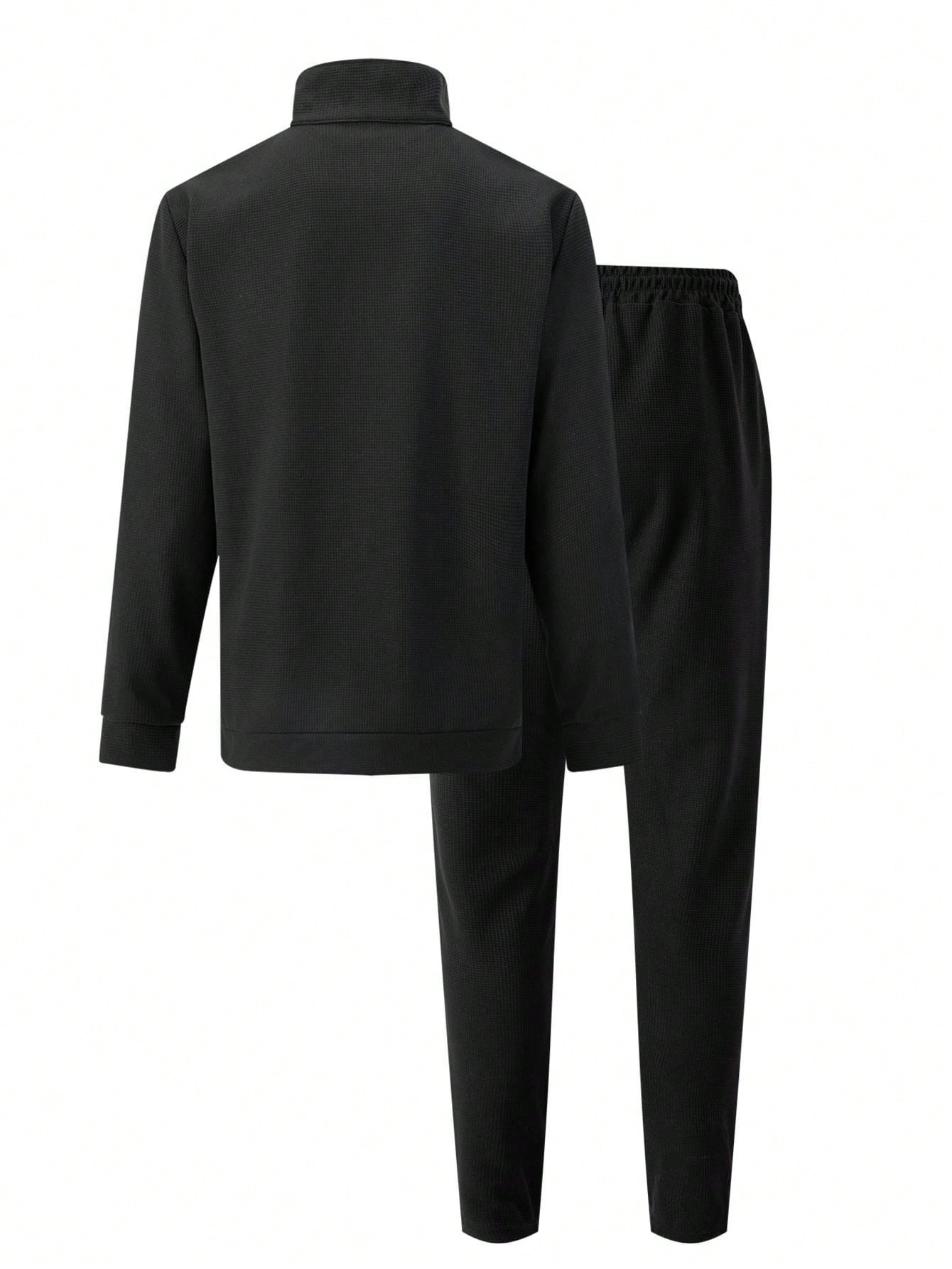 1 set Homme simple de survêtement 2 pièces, Top à col montant zippé manches longues + pantalon, de couleur unie, léger