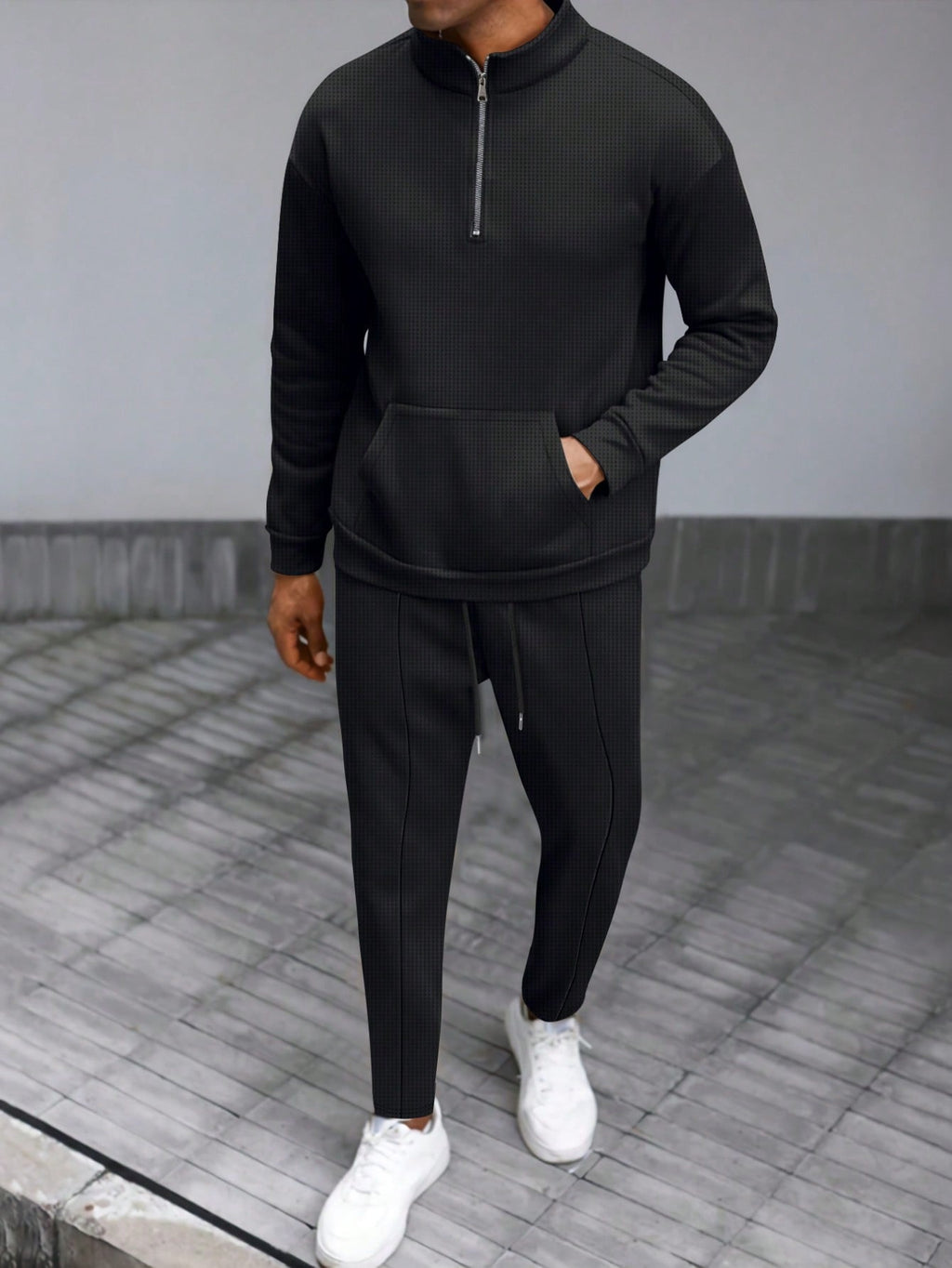 1 set Homme simple de survêtement 2 pièces, Top à col montant zippé manches longues + pantalon, de couleur unie, léger