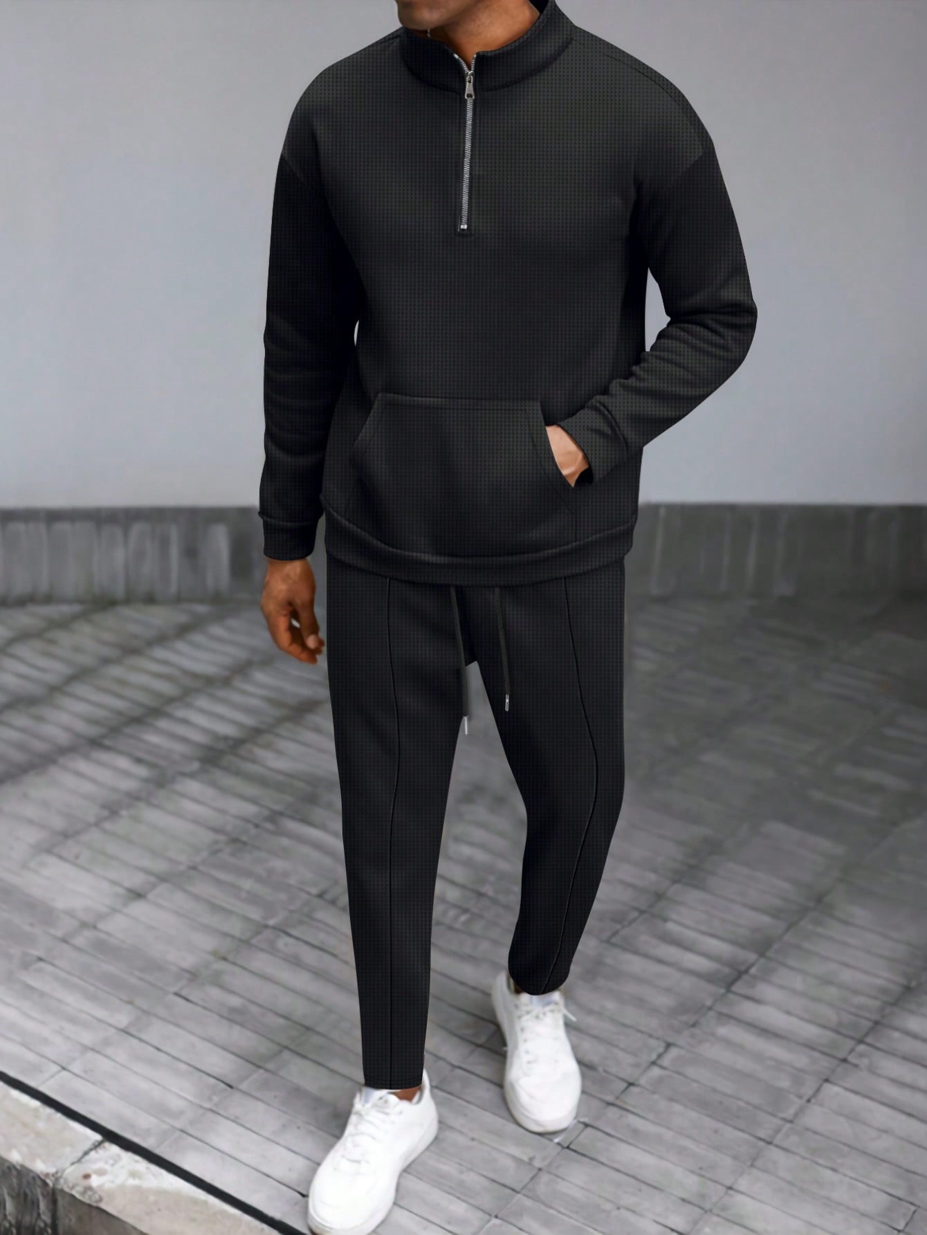 1 set Homme simple de survêtement 2 pièces, Top à col montant zippé manches longues + pantalon, de couleur unie, léger