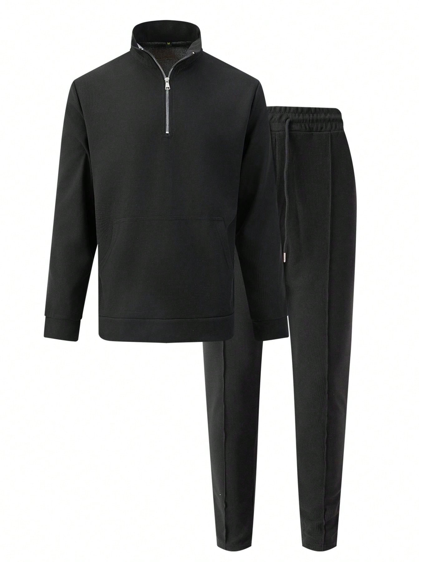 1 set Homme simple de survêtement 2 pièces, Top à col montant zippé manches longues + pantalon, de couleur unie, léger