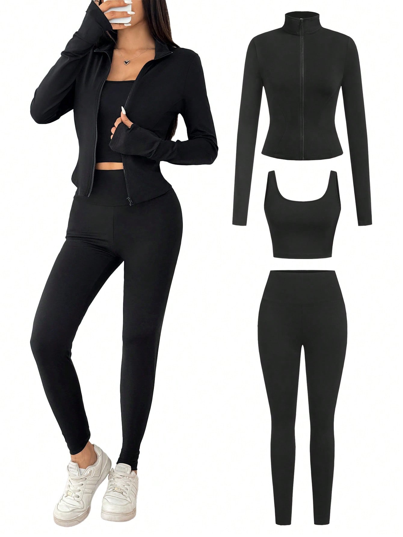 SHEIN EZwear Ensemble de 3 pièces de vêtements de sport pour femme comprenant un cardigan zippé en tricot noir, un débardeur et un pantalon