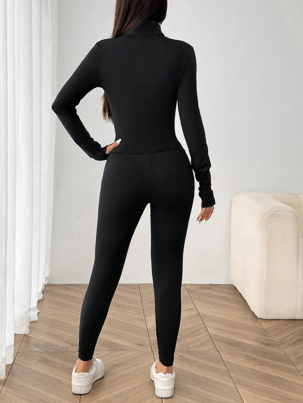 SHEIN EZwear Ensemble de 3 pièces de vêtements de sport pour femme comprenant un cardigan zippé en tricot noir, un débardeur et un pantalon