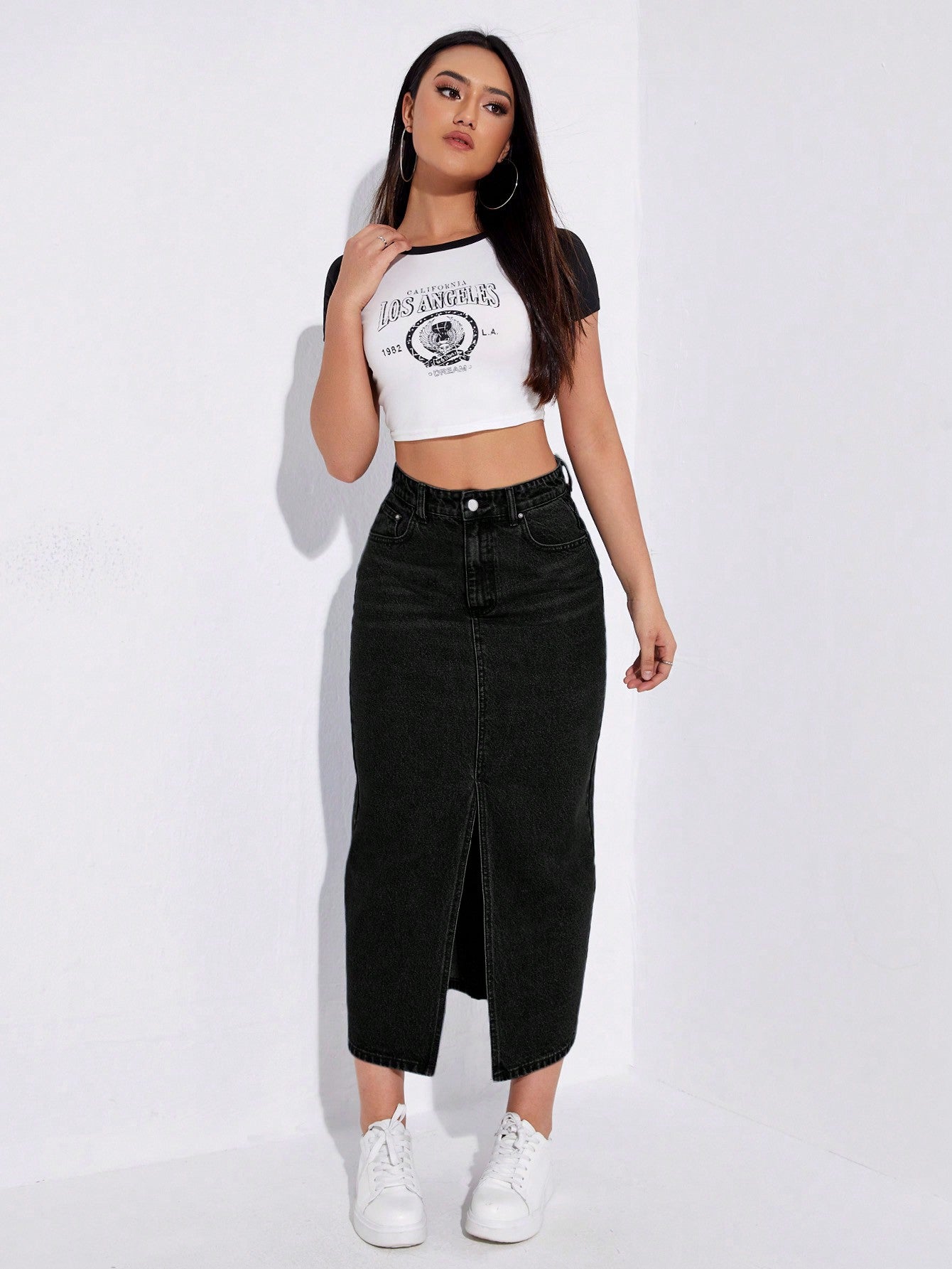 SHEIN EZwear Jupe en jean décontractée coupe droite longue pour femme avec poches à fente avant