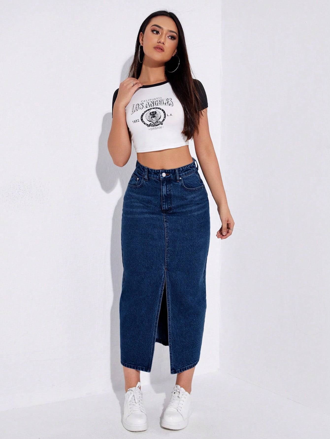 SHEIN EZwear Jupe en jean décontractée coupe droite longue pour femme avec poches à fente avant