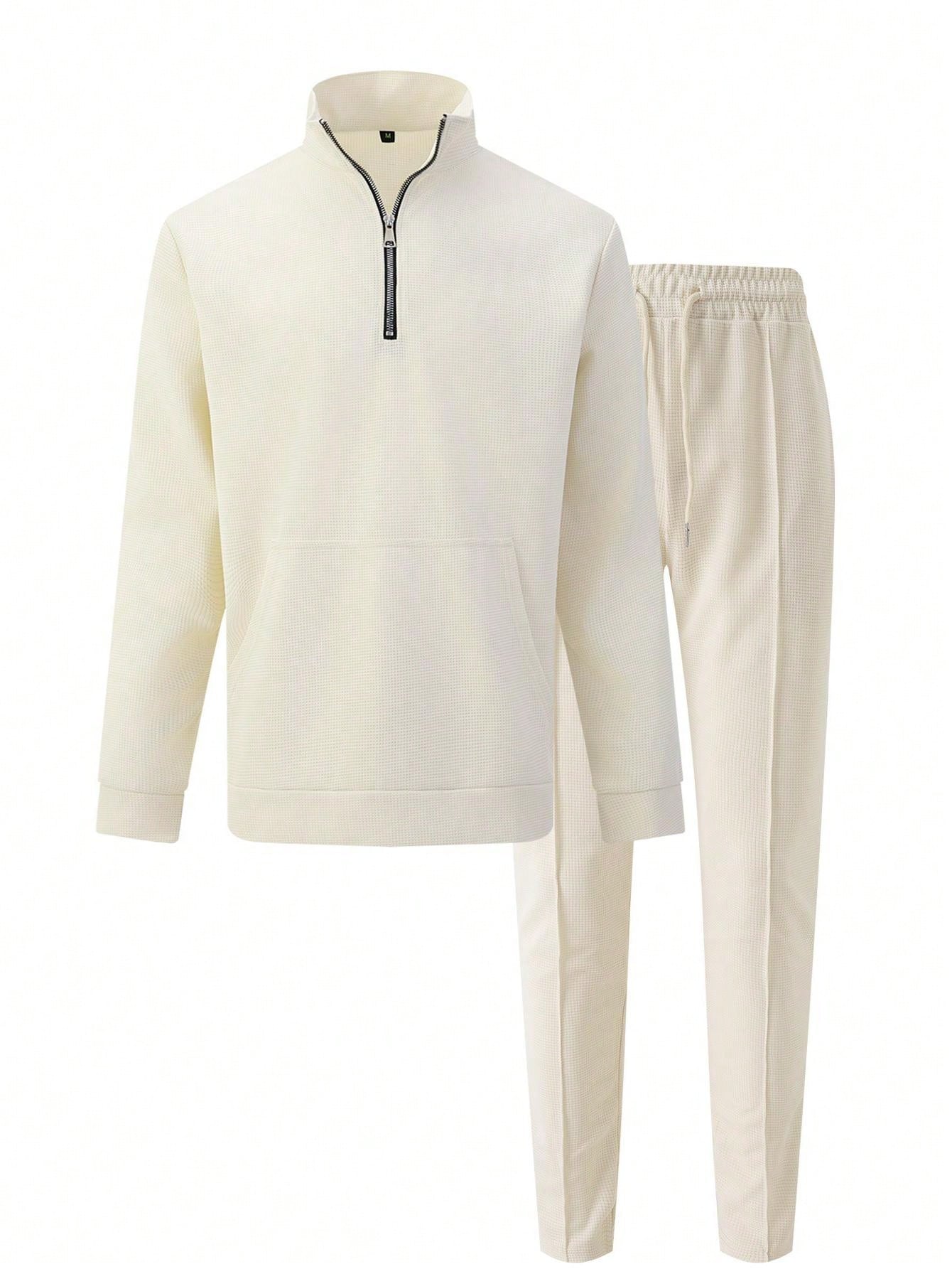 1 set Homme simple de survêtement 2 pièces, Top à col montant zippé manches longues + pantalon, de couleur unie, léger