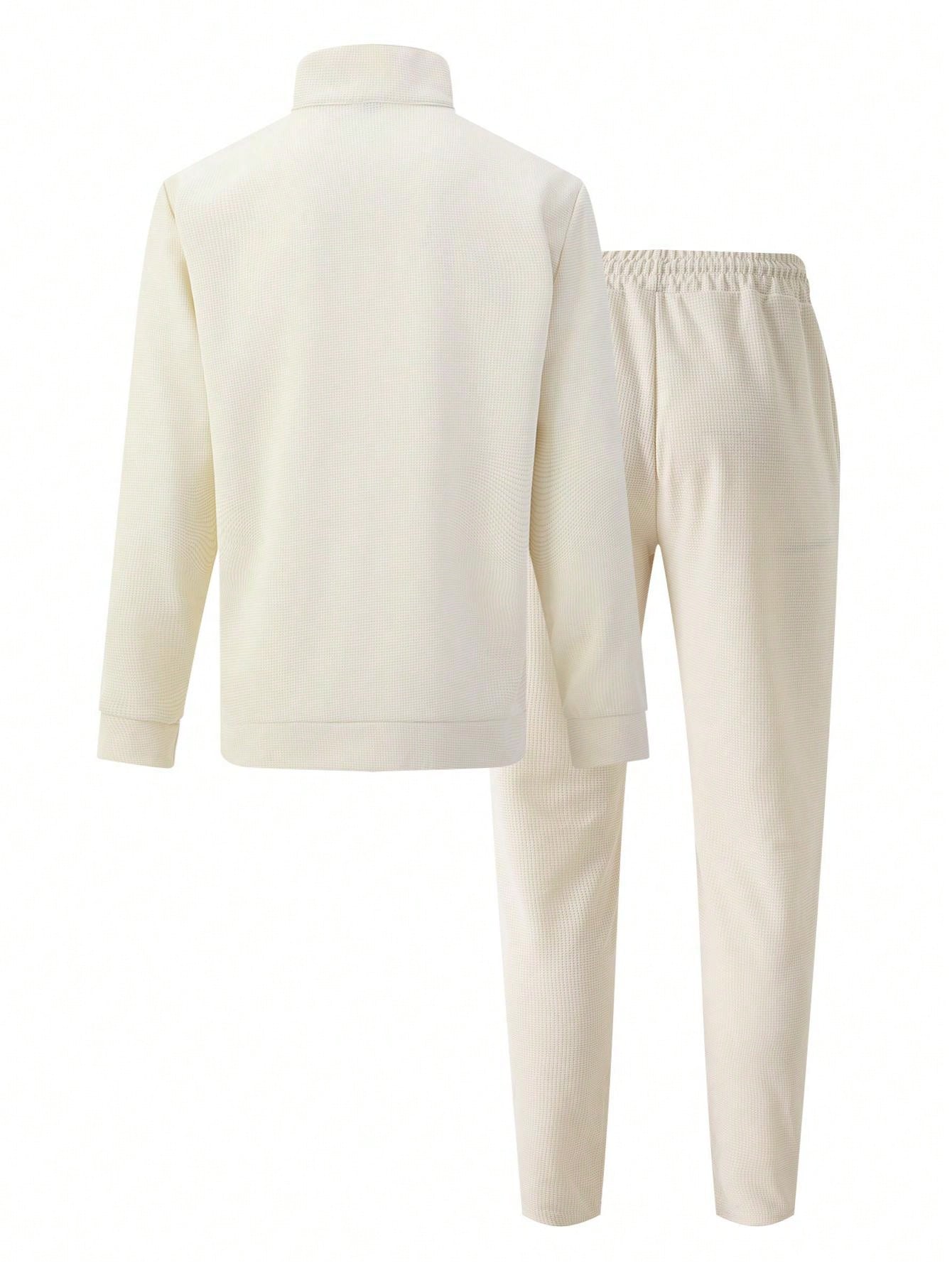 1 set Homme simple de survêtement 2 pièces, Top à col montant zippé manches longues + pantalon, de couleur unie, léger