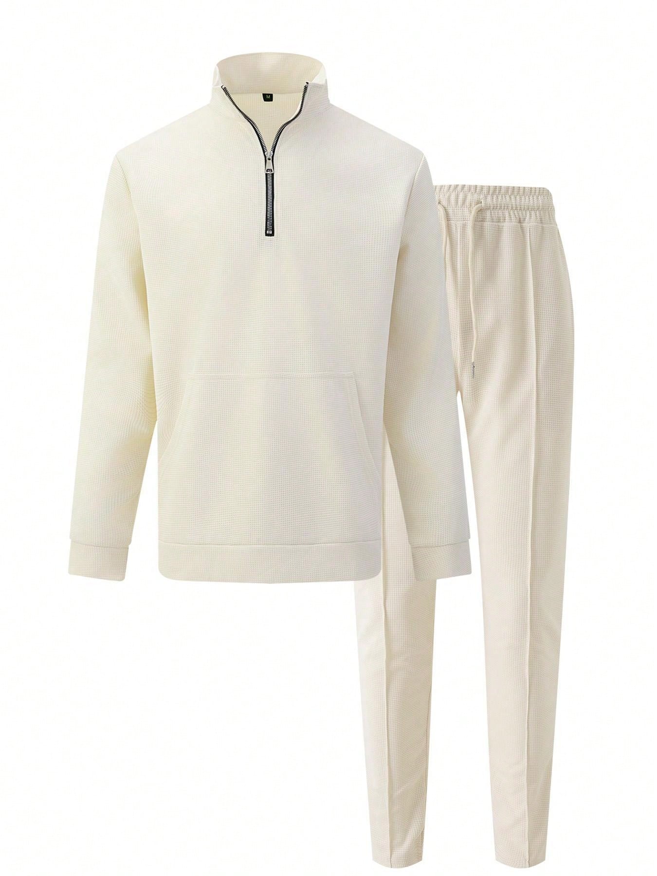 1 set Homme simple de survêtement 2 pièces, Top à col montant zippé manches longues + pantalon, de couleur unie, léger