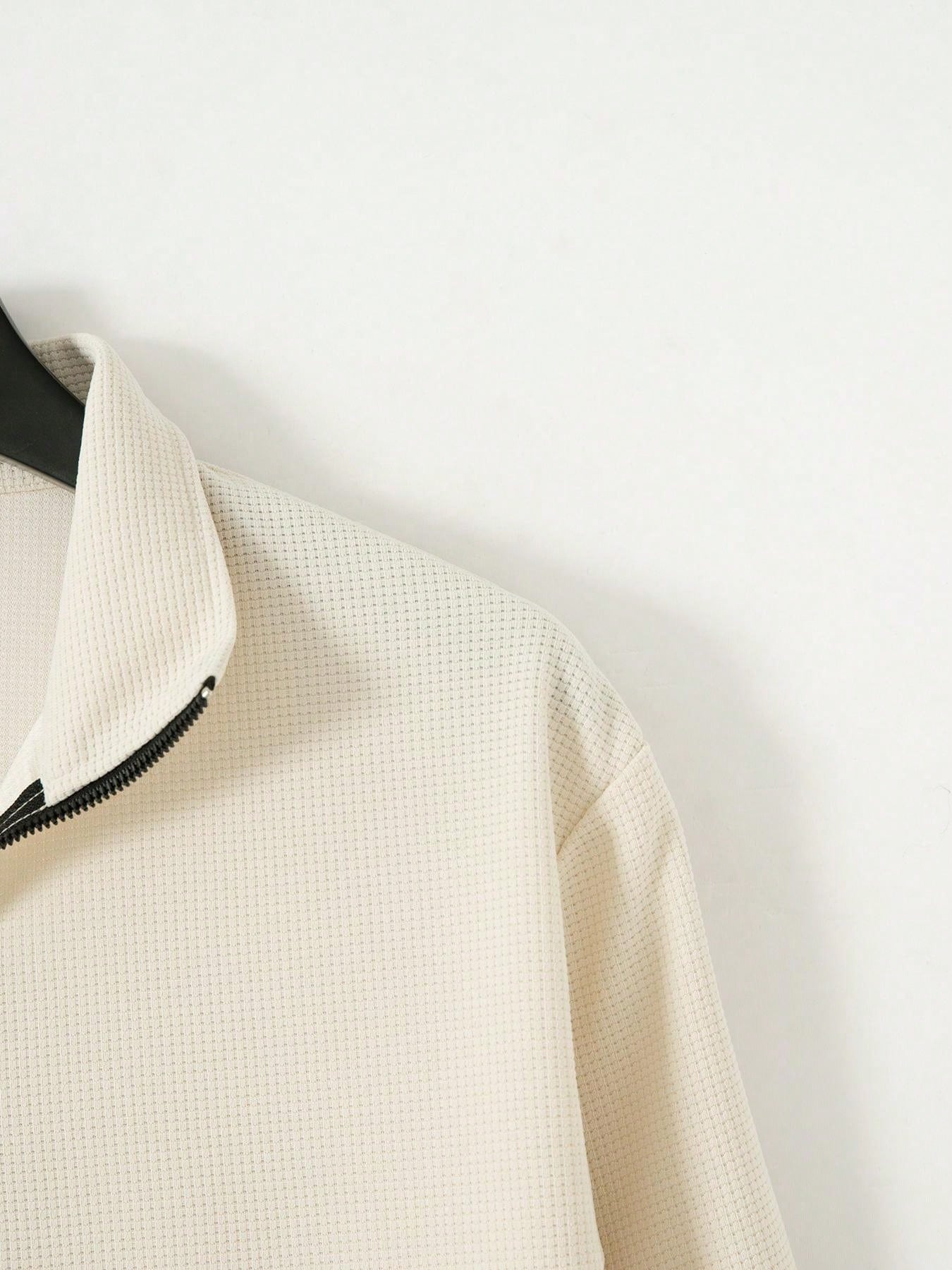 1 set Homme simple de survêtement 2 pièces, Top à col montant zippé manches longues + pantalon, de couleur unie, léger