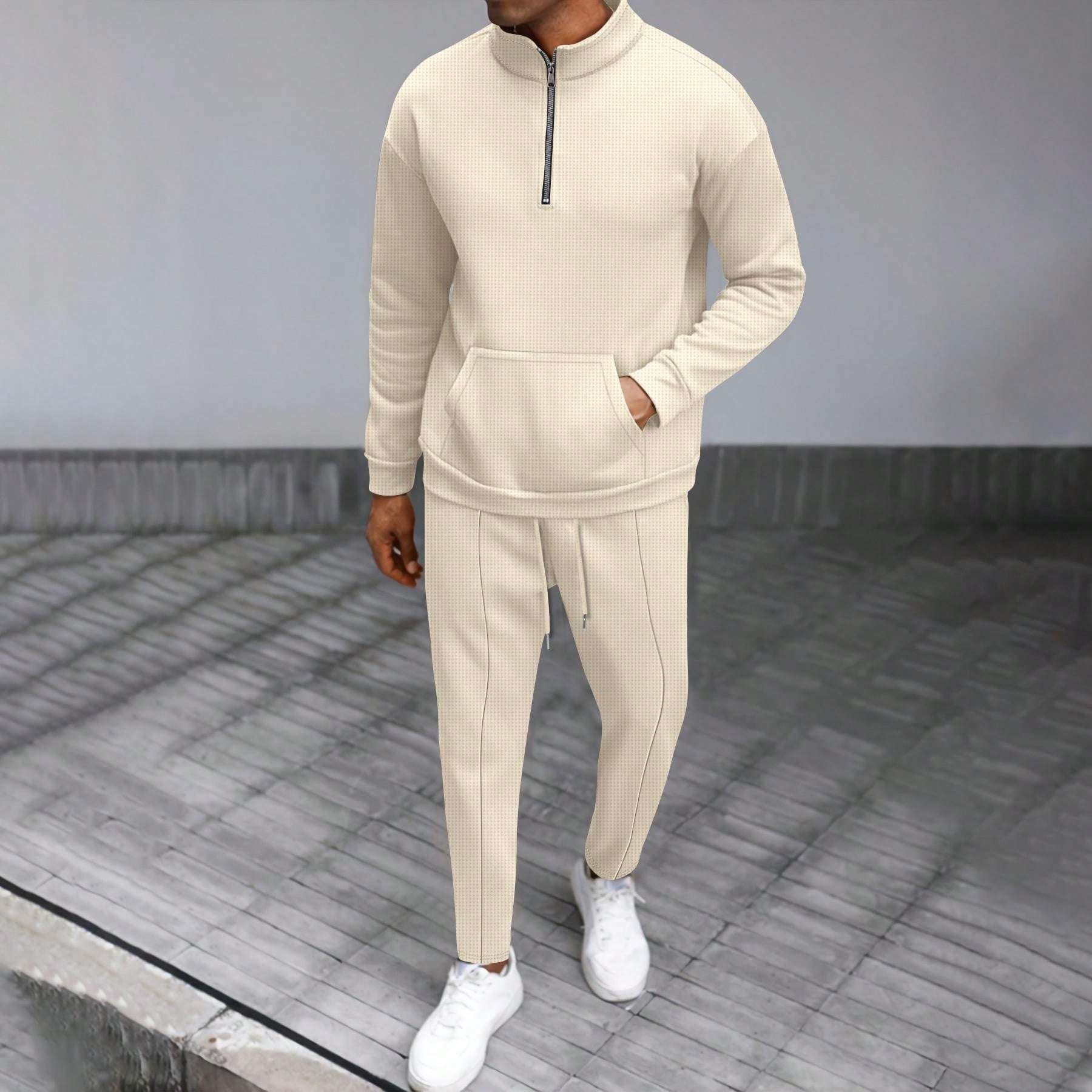 1 set Homme simple de survêtement 2 pièces, Top à col montant zippé manches longues + pantalon, de couleur unie, léger