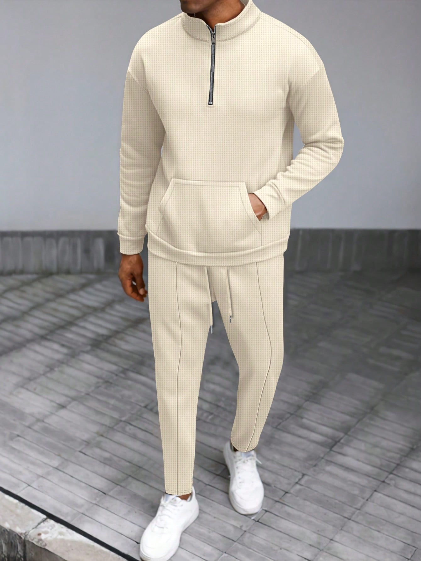 1 set Homme simple de survêtement 2 pièces, Top à col montant zippé manches longues + pantalon, de couleur unie, léger