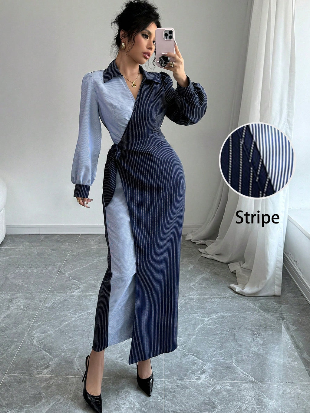 Modelyn Robe mi-longue élégante à taille ajustée et rayures, convient pour le printemps/été