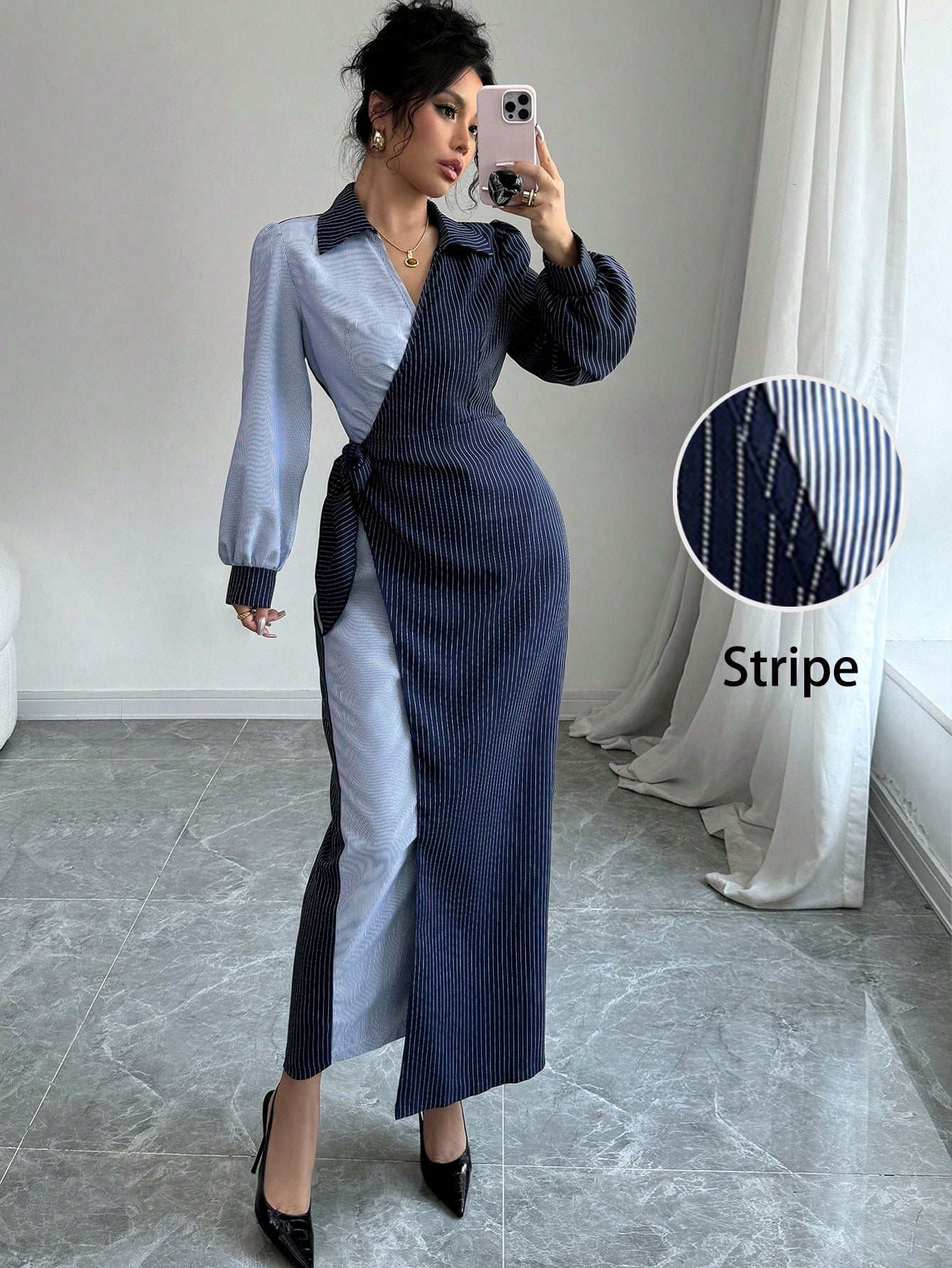 Modelyn Robe mi-longue élégante à taille ajustée et rayures, convient pour le printemps/été