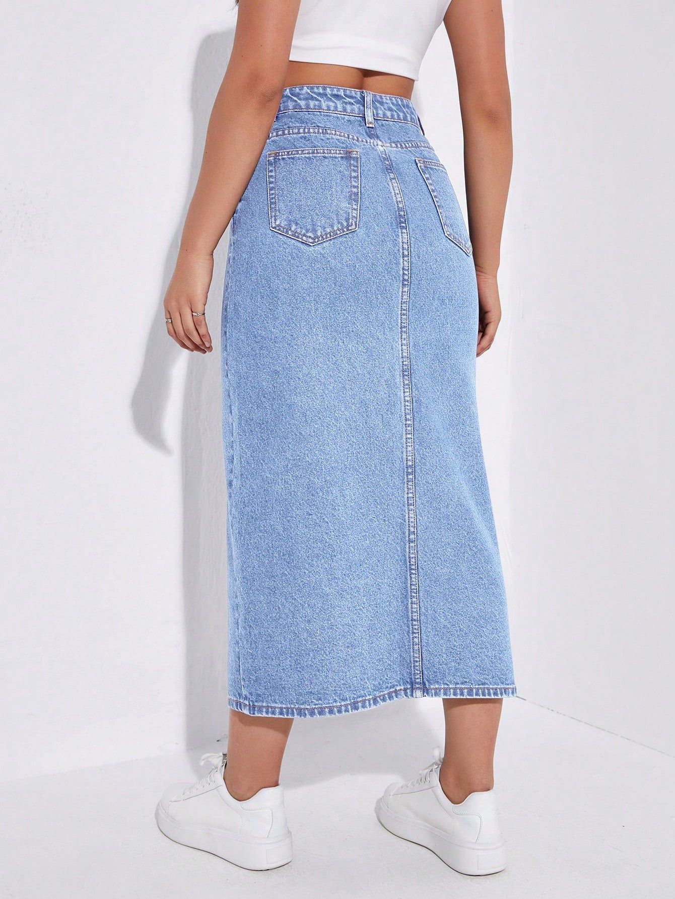 SHEIN EZwear Jupe en jean décontractée coupe droite longue pour femme avec poches à fente avant