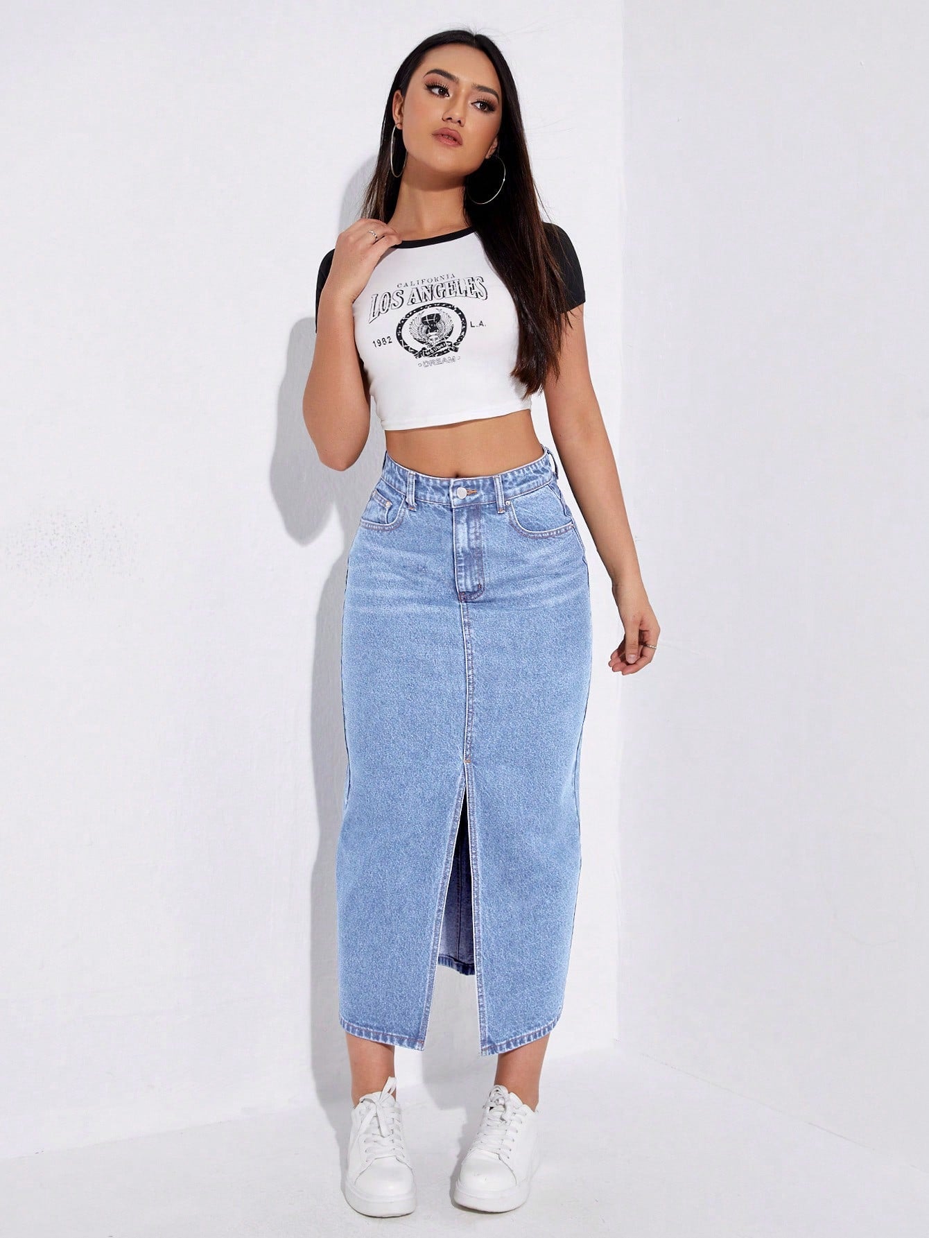SHEIN EZwear Jupe en jean décontractée coupe droite longue pour femme avec poches à fente avant