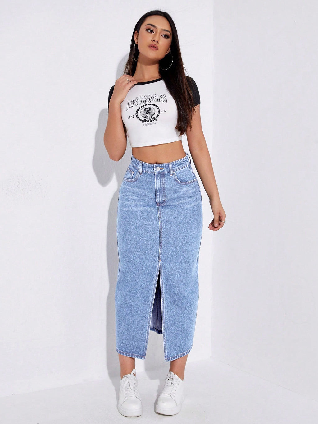 SHEIN EZwear Jupe en jean taille haute fendu