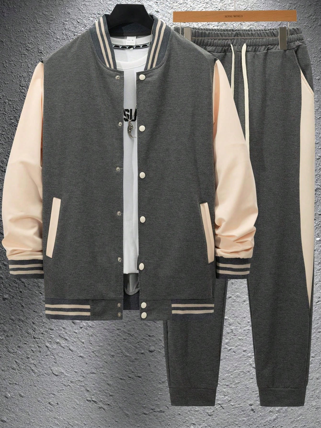 1 set Homme veste de baseball monobloc décontractée à col et pantalon, blocs de couleurs, 2 pièces, d'épaisseur moyenne, convient pour les voyages et l'usage quotidien