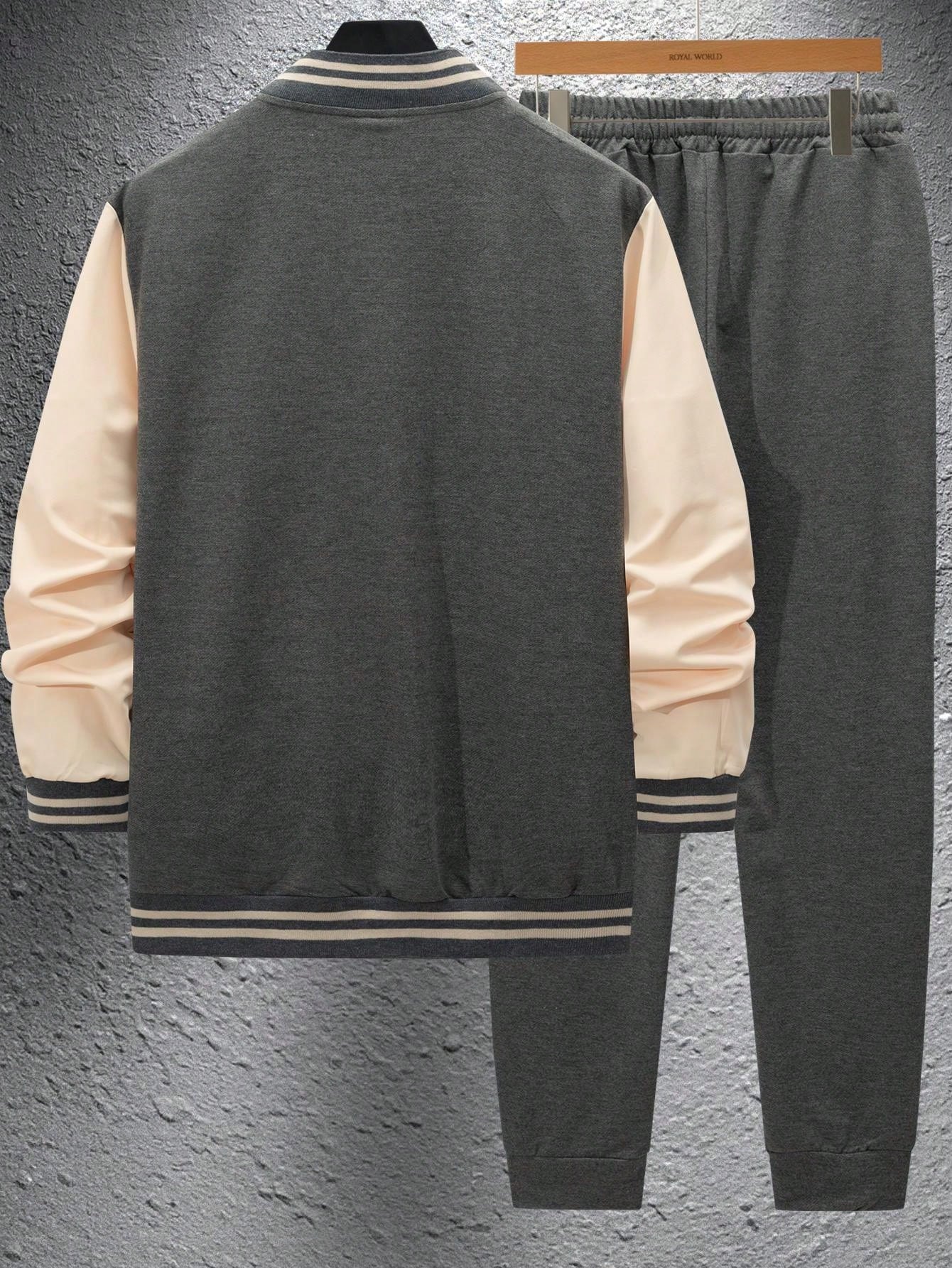 1 set Homme veste de baseball monobloc décontractée à col et pantalon, blocs de couleurs, 2 pièces, d'épaisseur moyenne, convient pour les voyages et l'usage quotidien