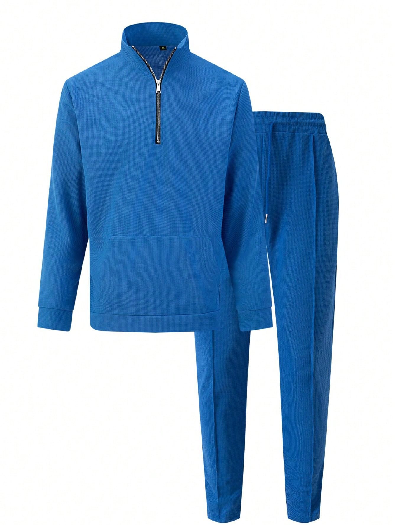 1 set Homme simple de survêtement 2 pièces, Top à col montant zippé manches longues + pantalon, de couleur unie, léger