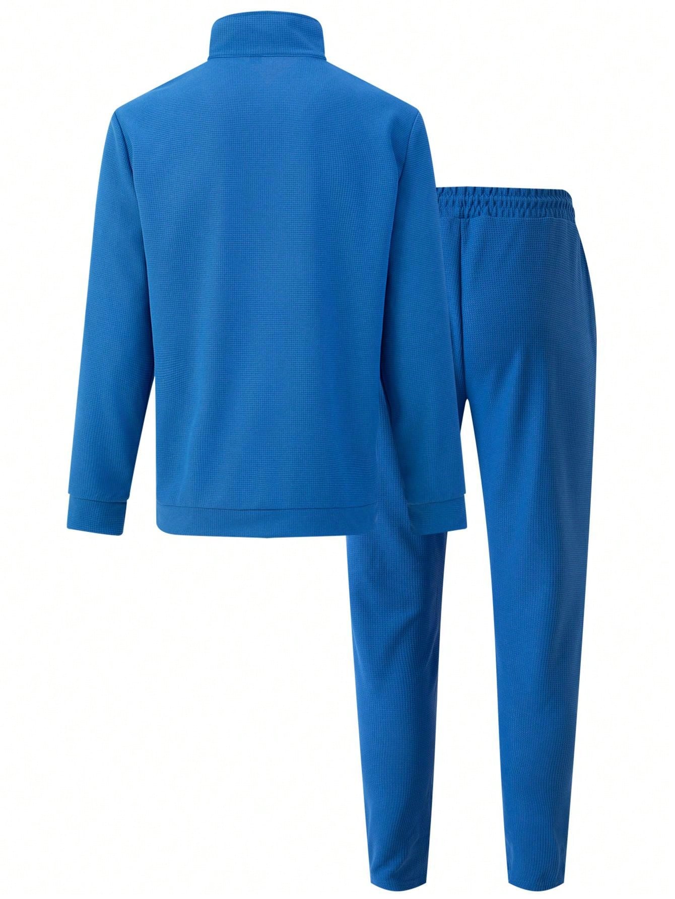 1 set Homme simple de survêtement 2 pièces, Top à col montant zippé manches longues + pantalon, de couleur unie, léger