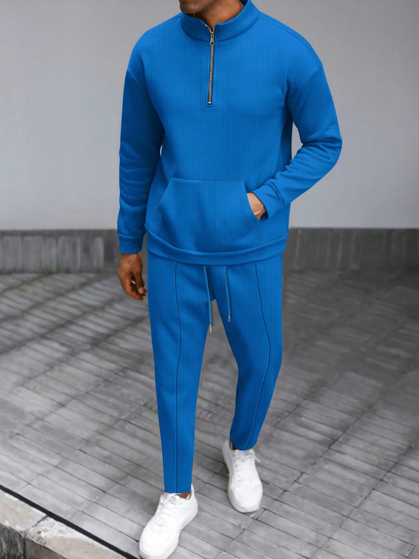 1 set Homme simple de survêtement 2 pièces, Top à col montant zippé manches longues + pantalon, de couleur unie, léger