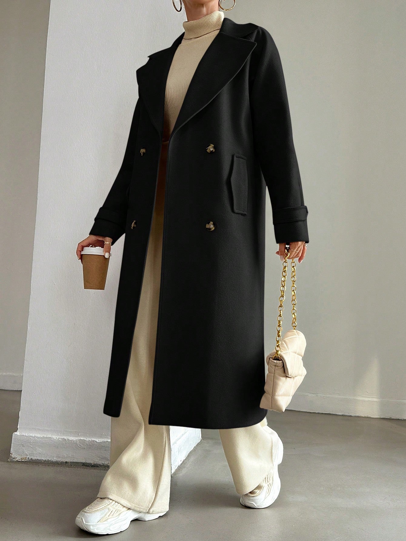 SHEIN Manteau En Laine Double Boutonnage Pour Femmes Couleur Unie Avec Col De Costume