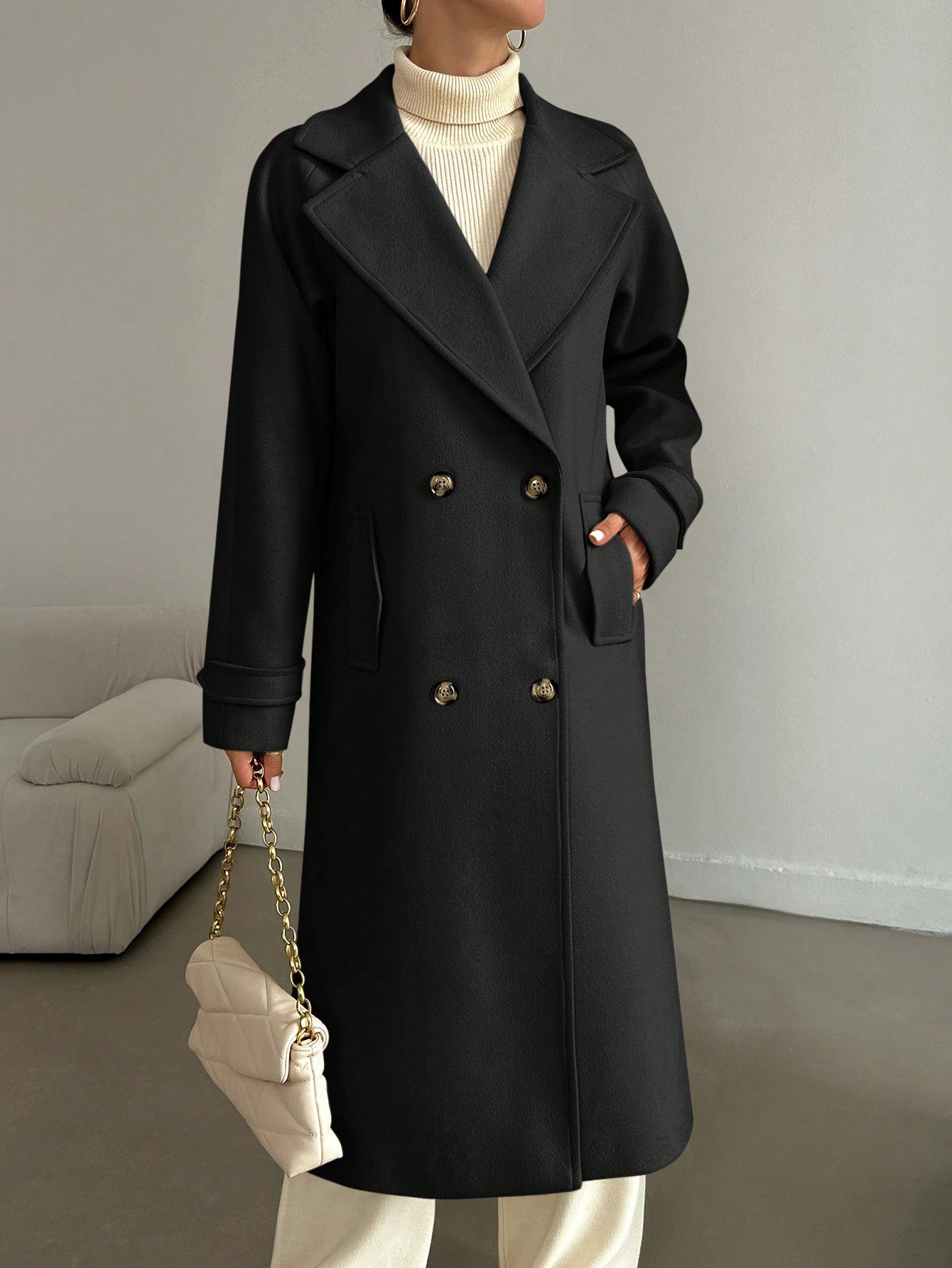 SHEIN Manteau En Laine Double Boutonnage Pour Femmes Couleur Unie Avec Col De Costume