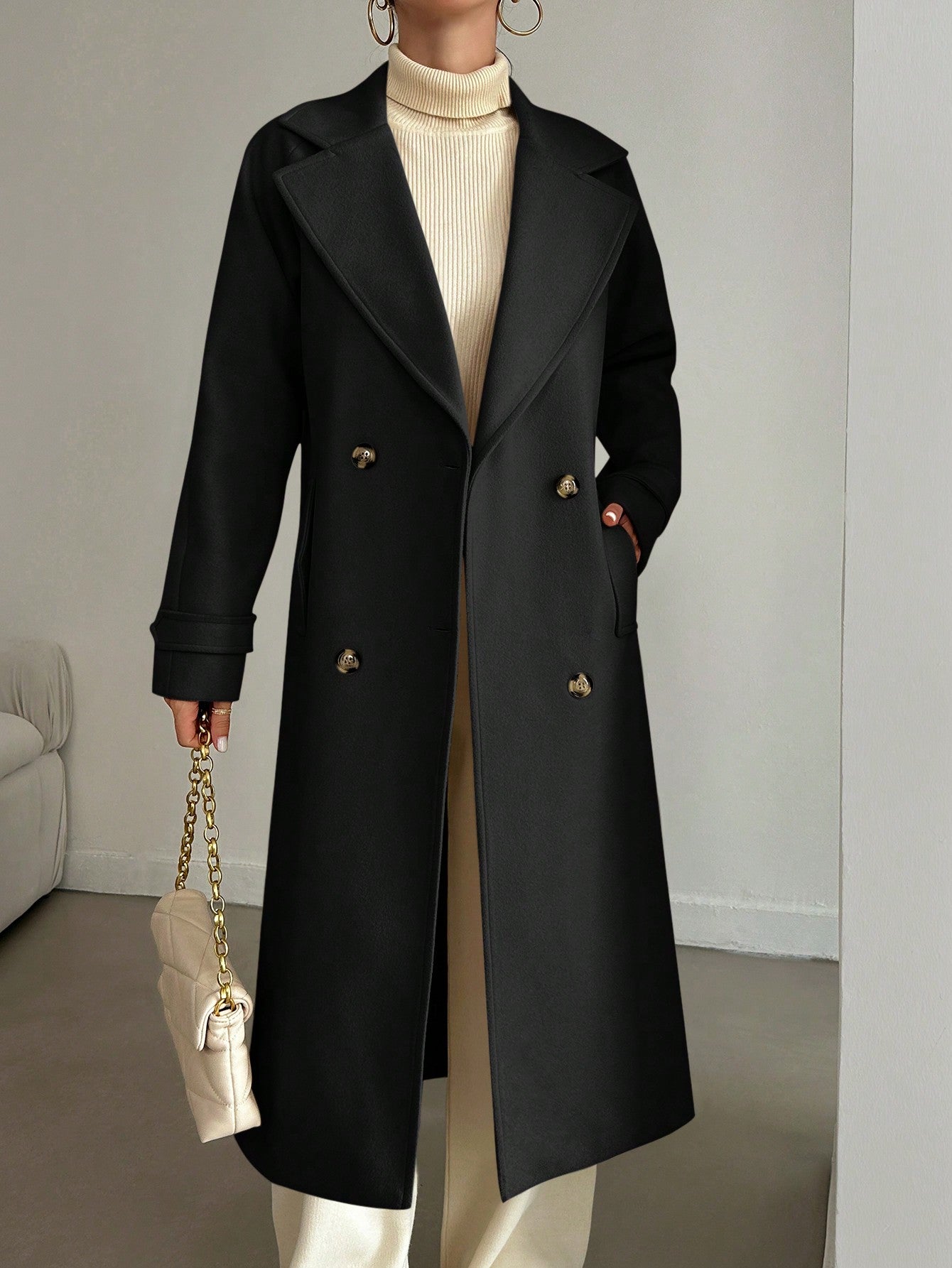 SHEIN Manteau En Laine Double Boutonnage Pour Femmes Couleur Unie Avec Col De Costume