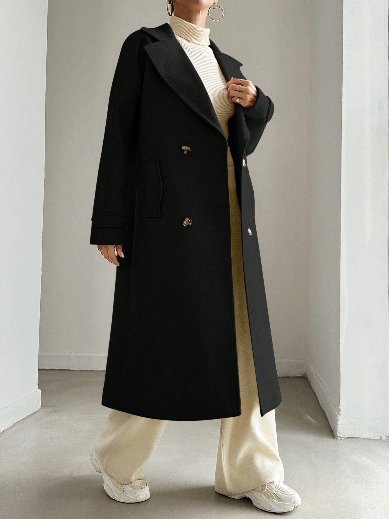 SHEIN Manteau En Laine Double Boutonnage Pour Femmes Couleur Unie Avec Col De Costume