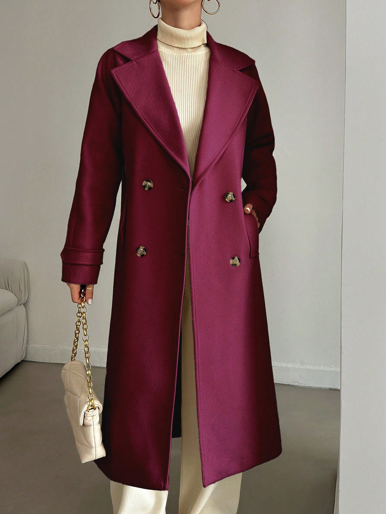 SHEIN Manteau En Laine Double Boutonnage Pour Femmes Couleur Unie Avec Col De Costume
