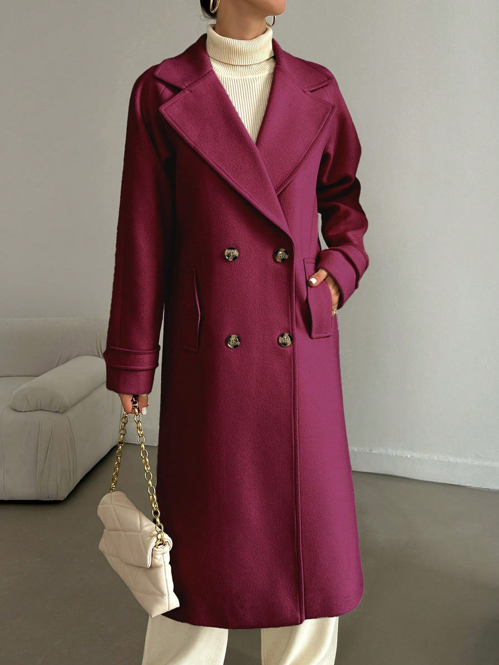 SHEIN Manteau En Laine Double Boutonnage Pour Femmes Couleur Unie Avec Col De Costume