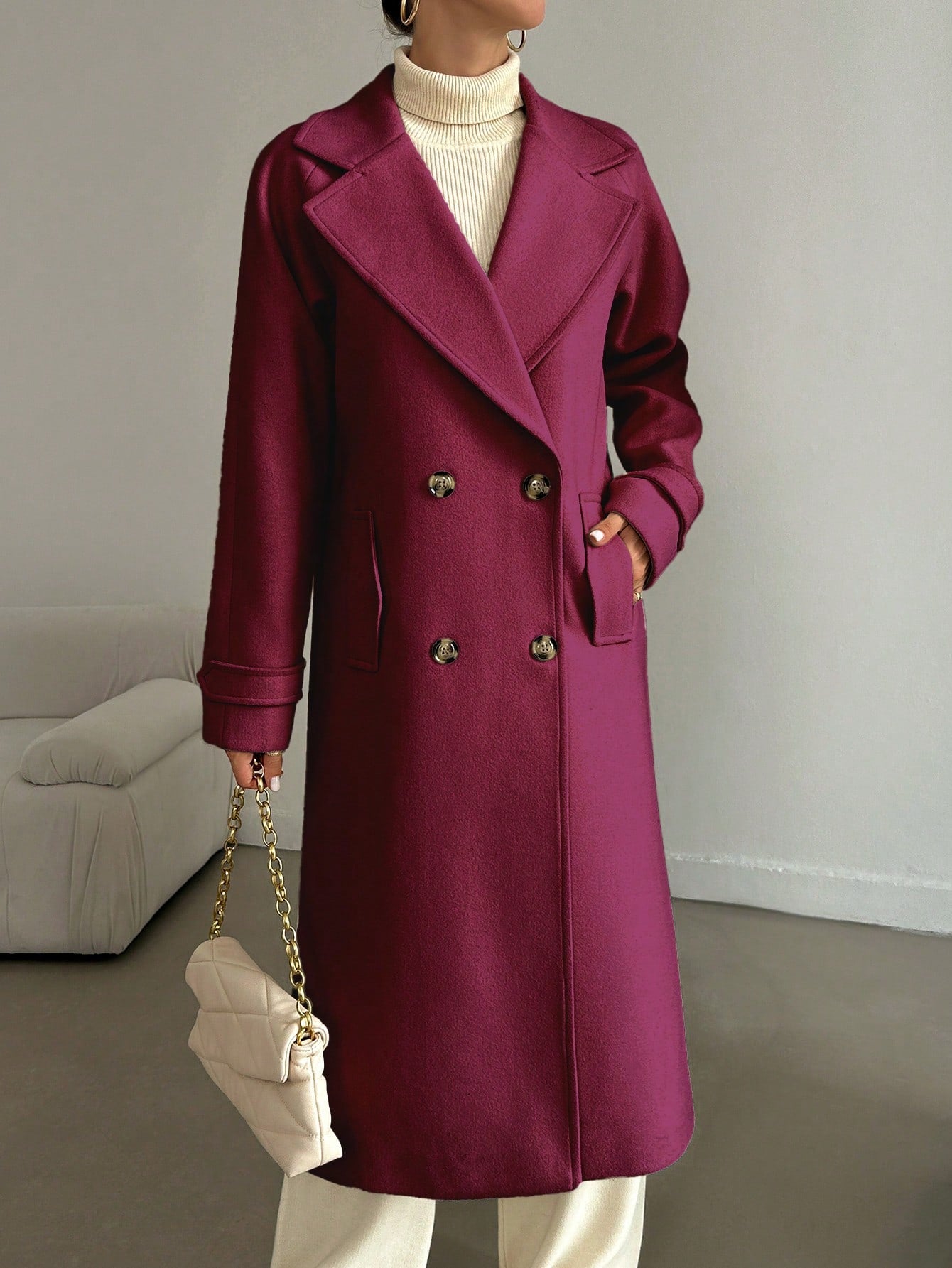 SHEIN Manteau En Laine Double Boutonnage Pour Femmes Couleur Unie Avec Col De Costume