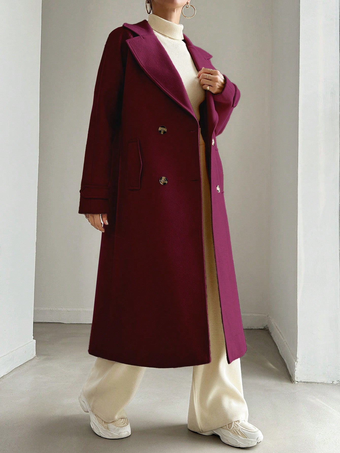 SHEIN Manteau En Laine Double Boutonnage Pour Femmes Couleur Unie Avec Col De Costume