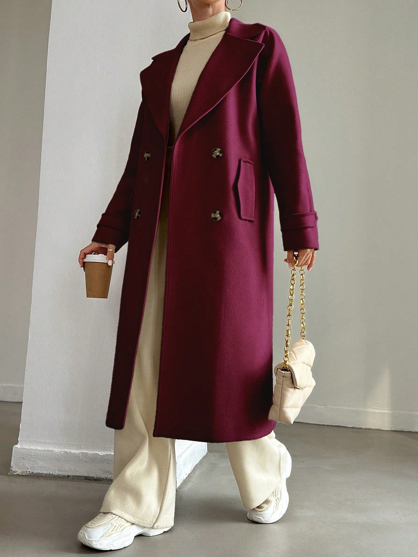 SHEIN Manteau En Laine Double Boutonnage Pour Femmes Couleur Unie Avec Col De Costume