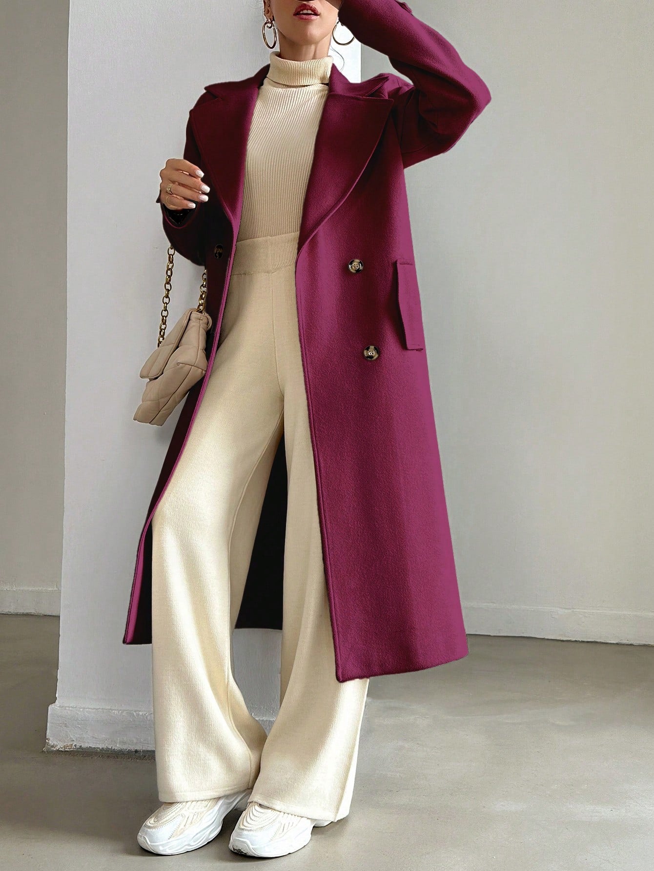 SHEIN Manteau En Laine Double Boutonnage Pour Femmes Couleur Unie Avec Col De Costume