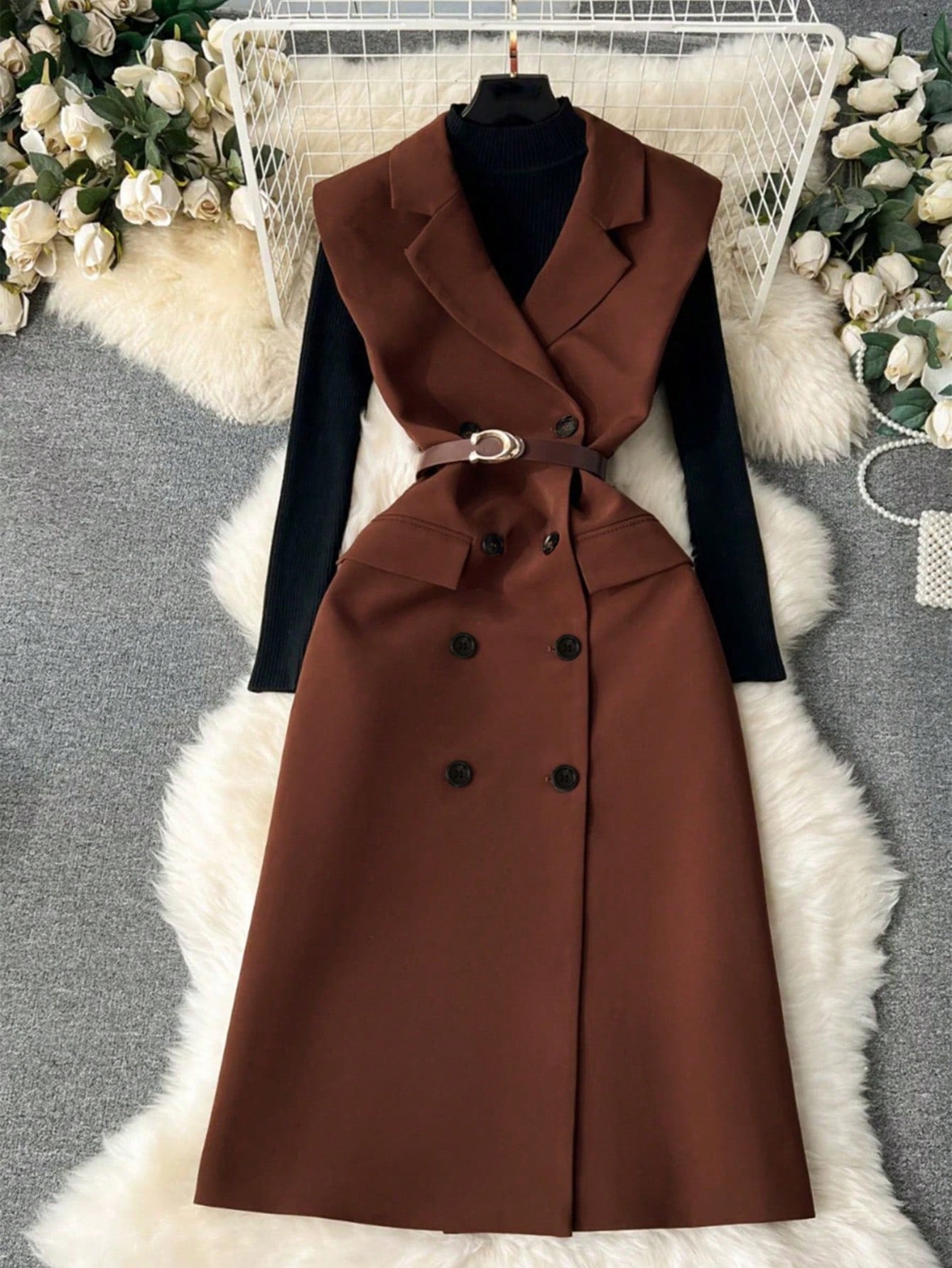SHEIN Clasi Blazer sans manches à double boutonnage de couleur unie décontracté