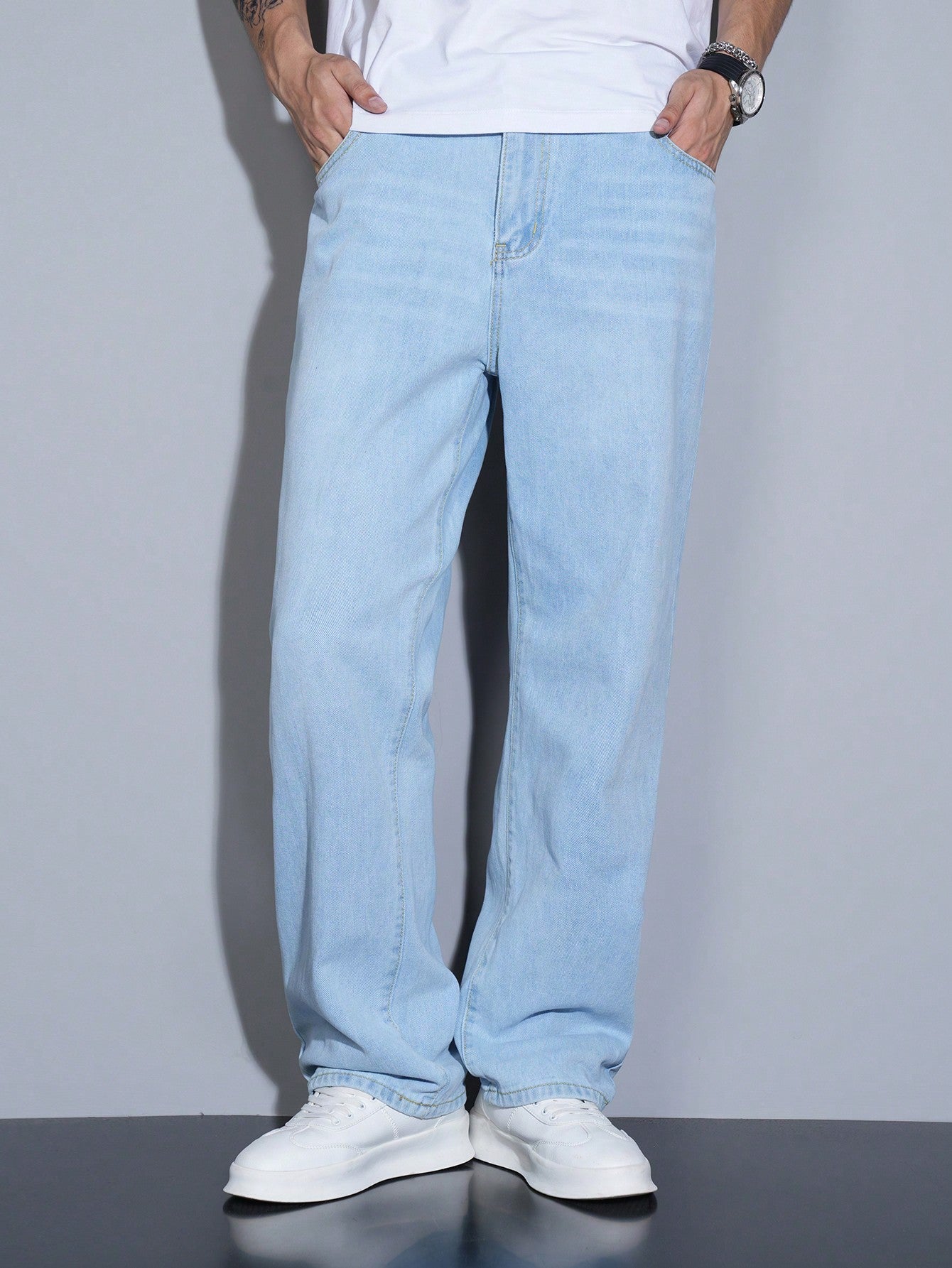 Manfinity Homme Jeans en denim casual à coupe droite et ample avec plusieurs poches pour hommes