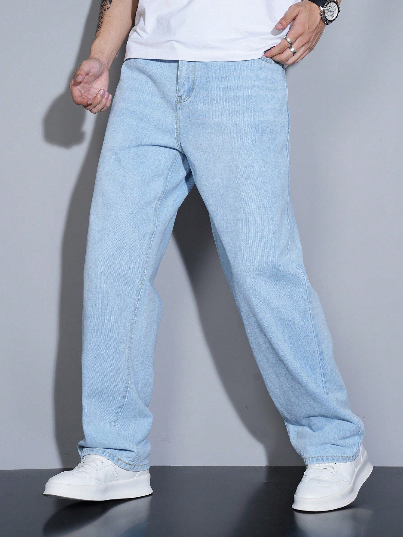 Manfinity Homme Jeans en denim casual à coupe droite et ample avec plusieurs poches pour hommes