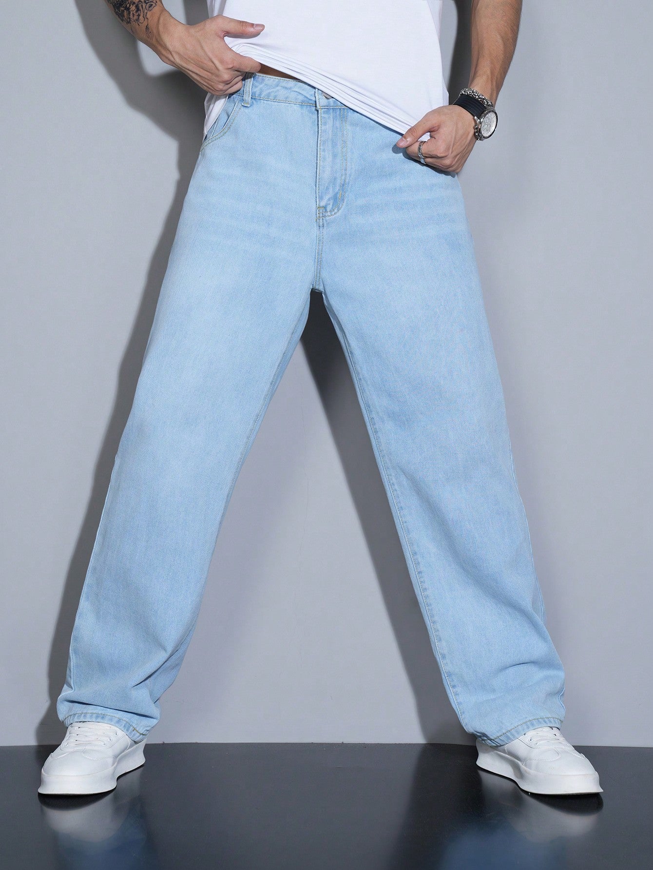 Manfinity Homme Jeans en denim casual à coupe droite et ample avec plusieurs poches pour hommes