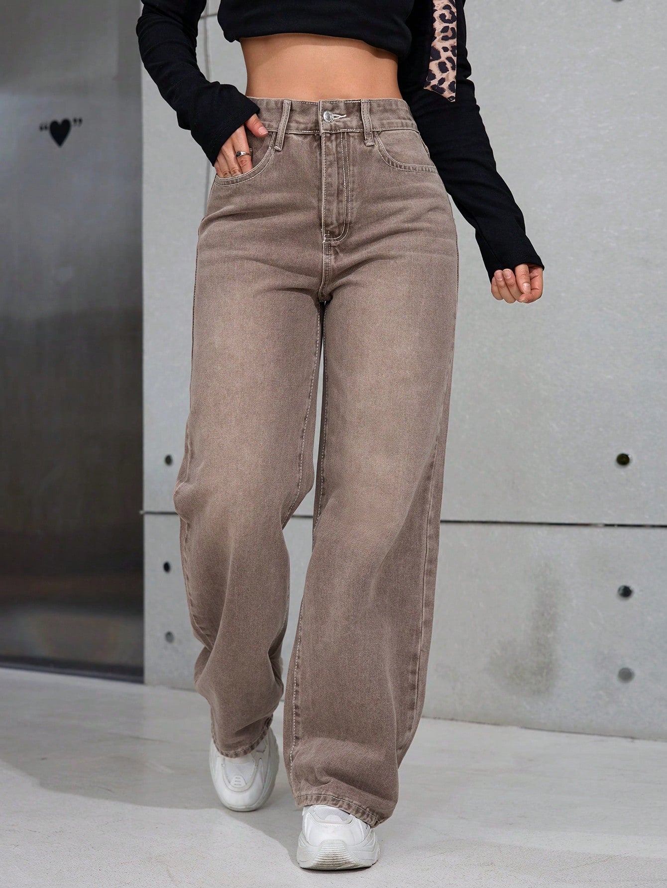 SHEIN x Lina SHEIN ICON Jeans droits taille mi-haute lavés décontractés de style rétro
