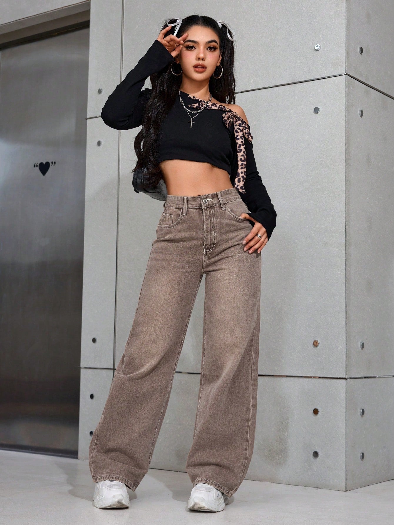 SHEIN x Lina SHEIN ICON Jeans droits taille mi-haute lavés décontractés de style rétro