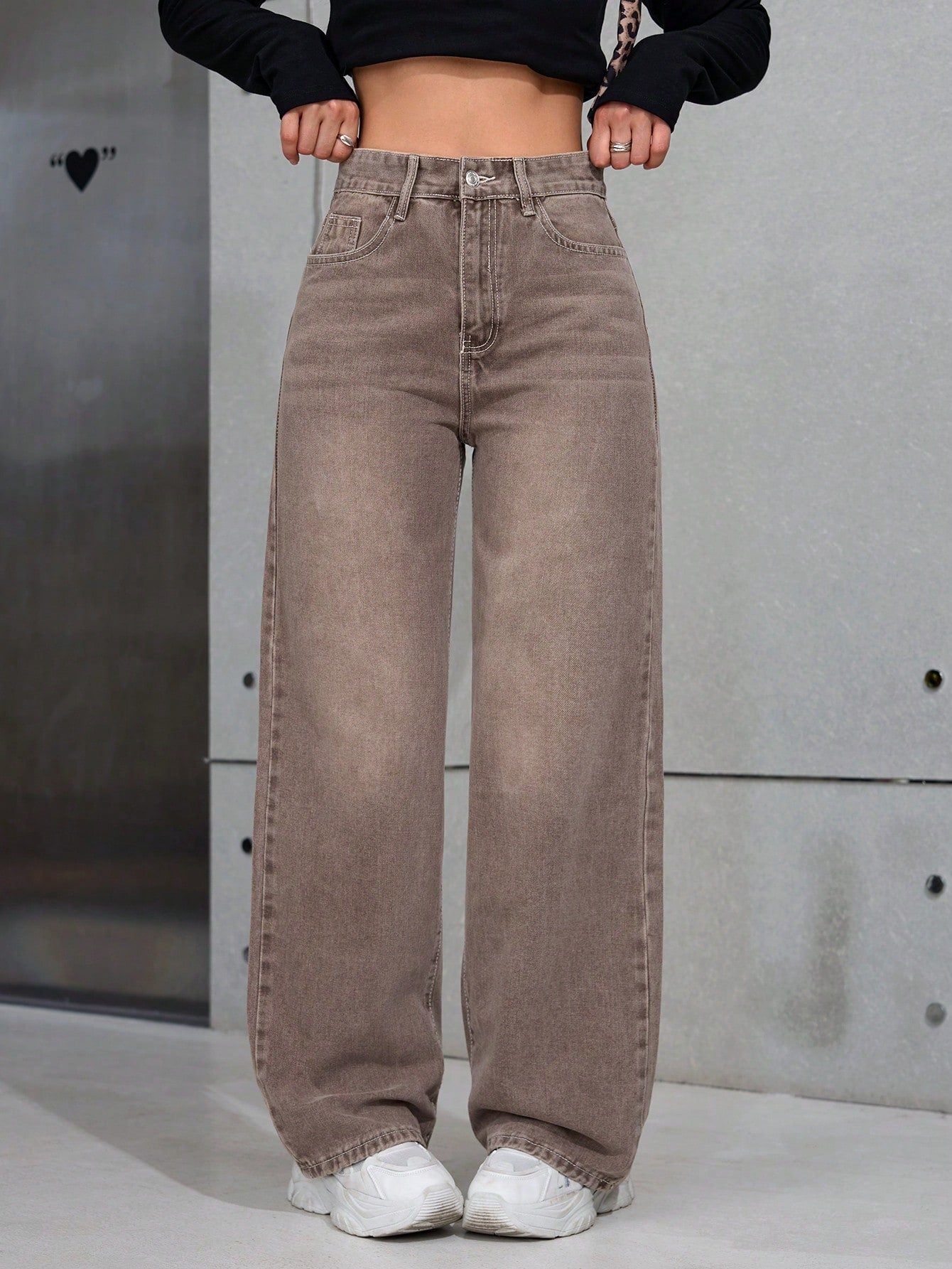 SHEIN x Lina SHEIN ICON Jeans droits taille mi-haute lavés décontractés de style rétro