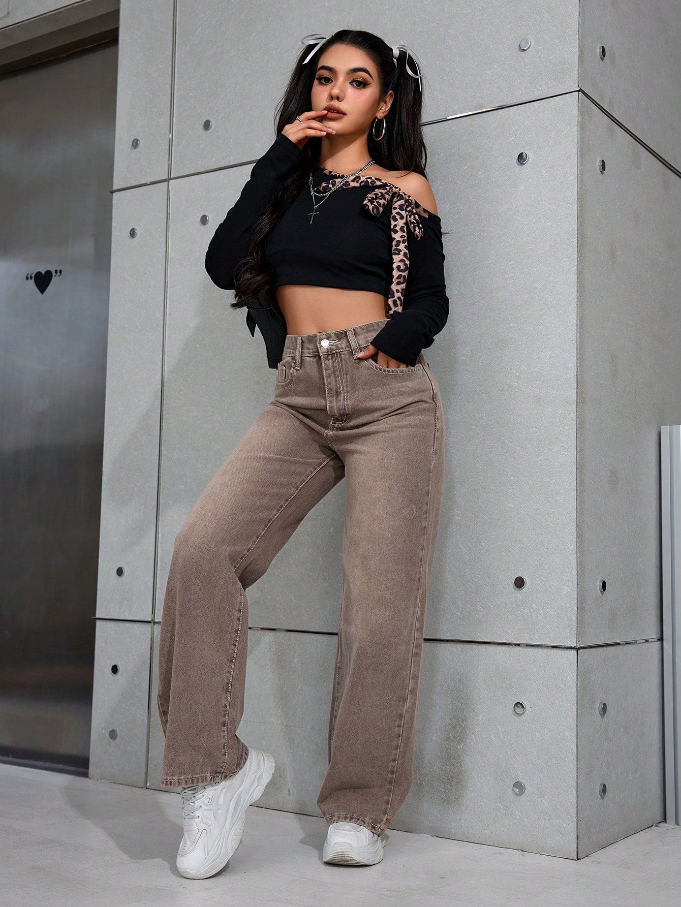 SHEIN x Lina SHEIN ICON Jeans droits taille mi-haute lavés décontractés de style rétro