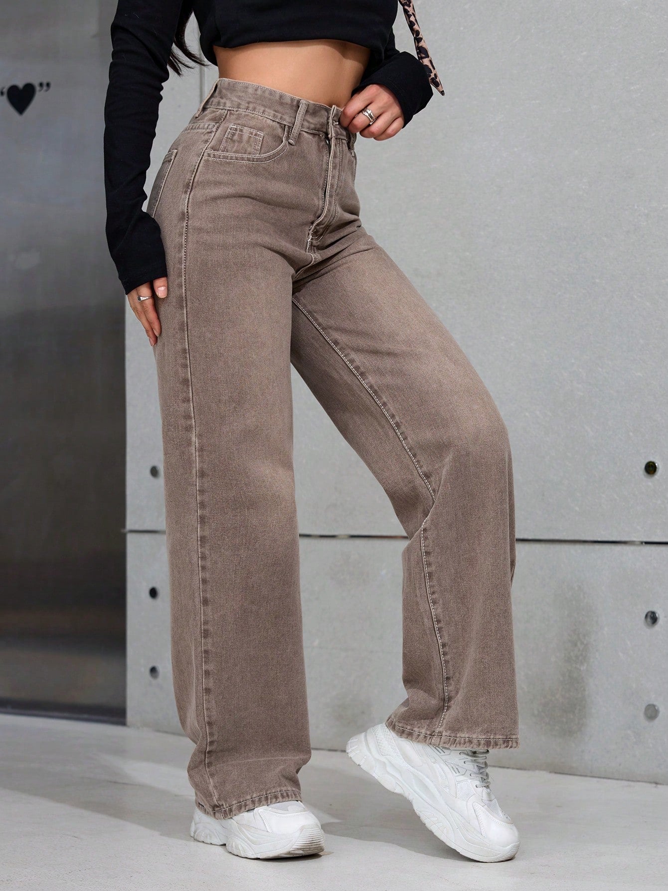SHEIN x Lina SHEIN ICON Jeans droits taille mi-haute lavés décontractés de style rétro