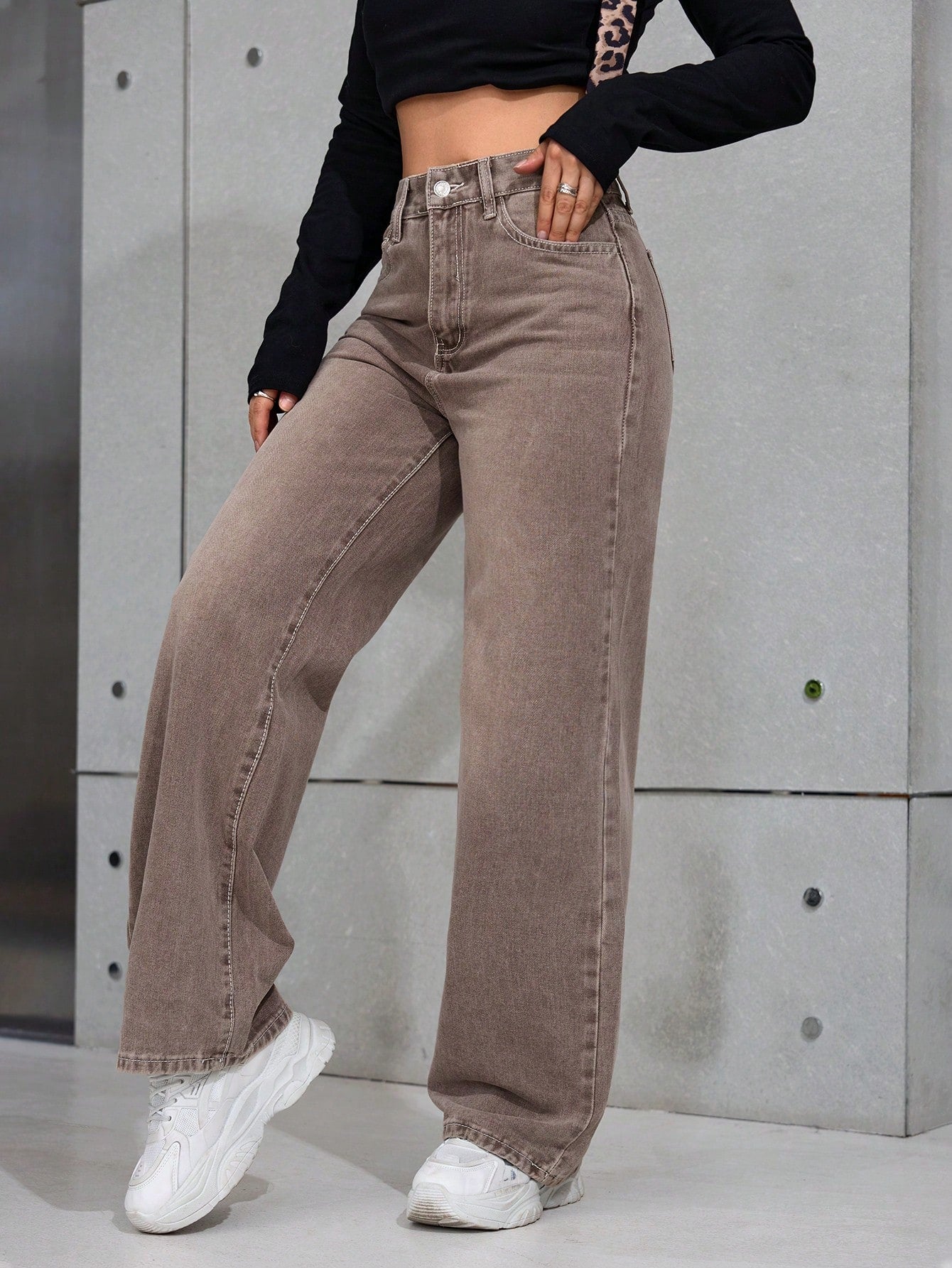 SHEIN x Lina SHEIN ICON Jeans droits taille mi-haute lavés décontractés de style rétro