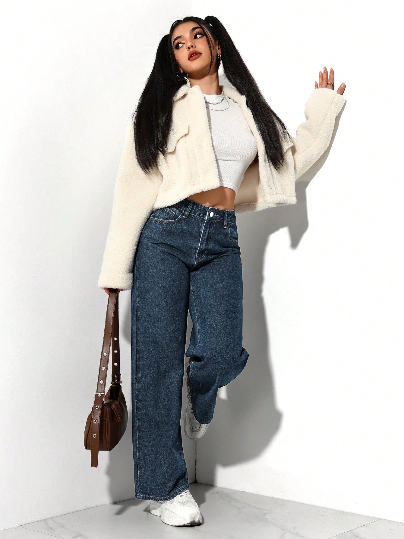SHEIN PETITE Jeans décontractés, lavés, coupe droite relâchée