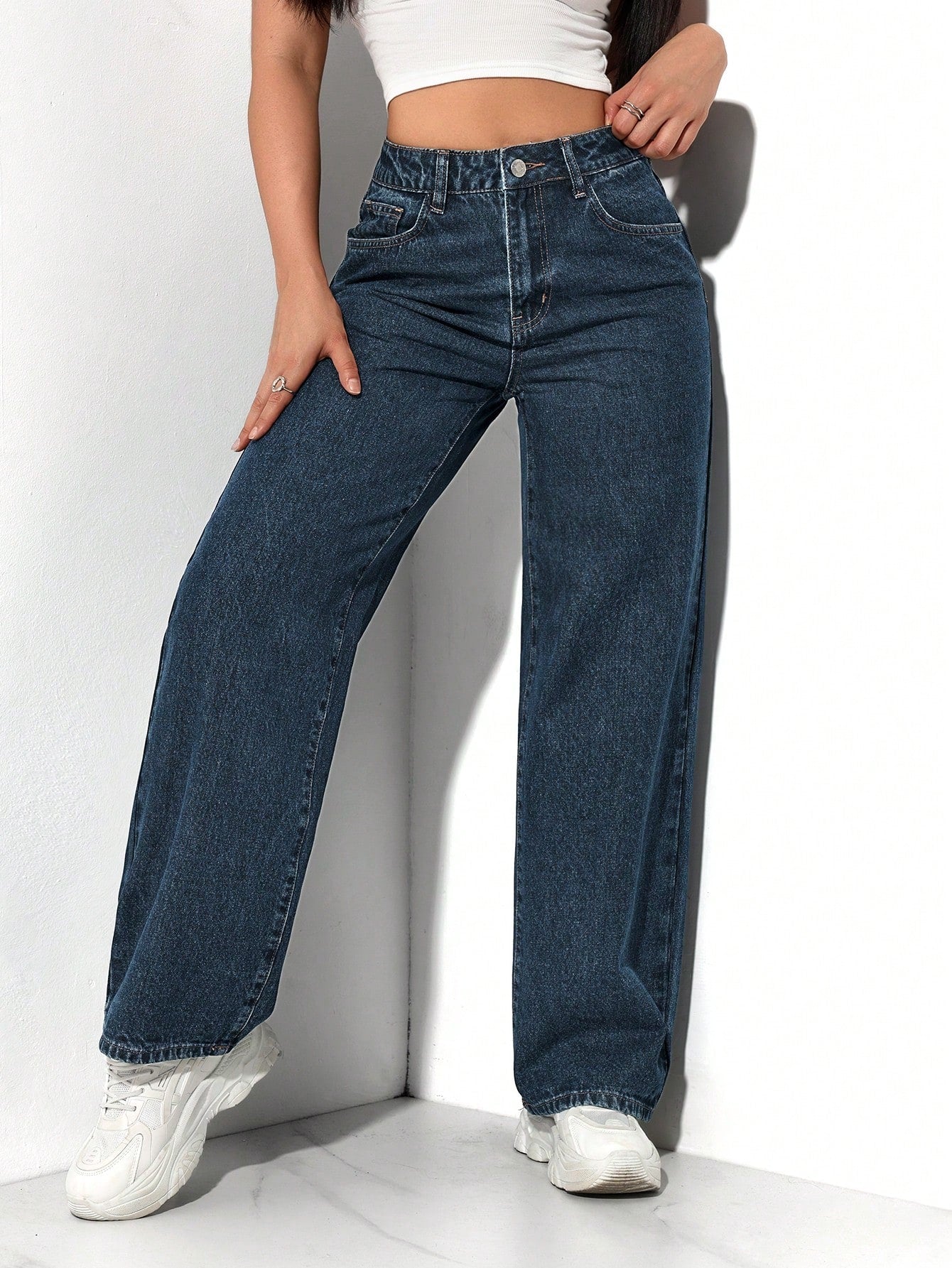 SHEIN PETITE Jeans décontractés, lavés, coupe droite relâchée