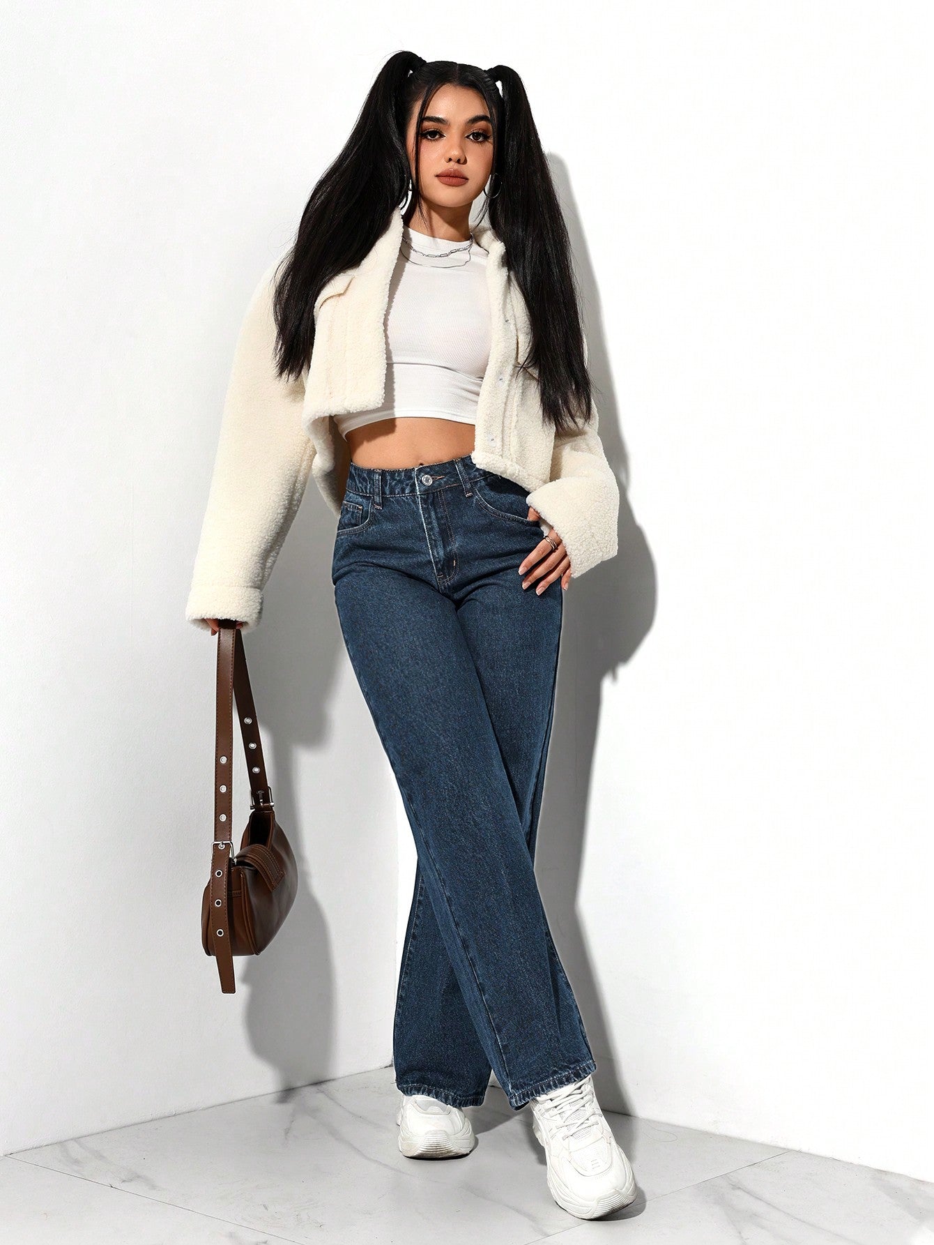 SHEIN PETITE Jeans décontractés, lavés, coupe droite relâchée